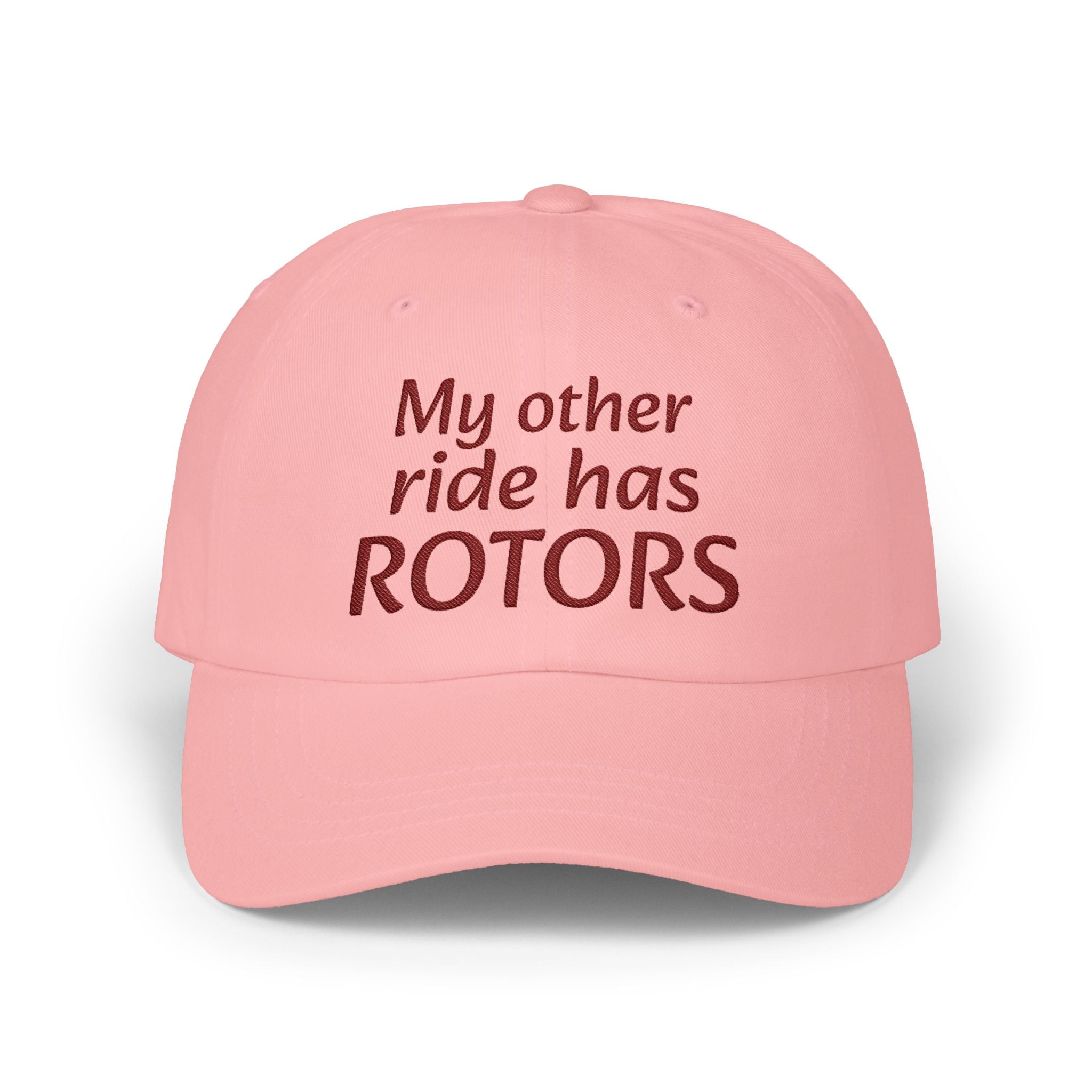 Pink cap with text 'My other ride has ROTORS' on a white background