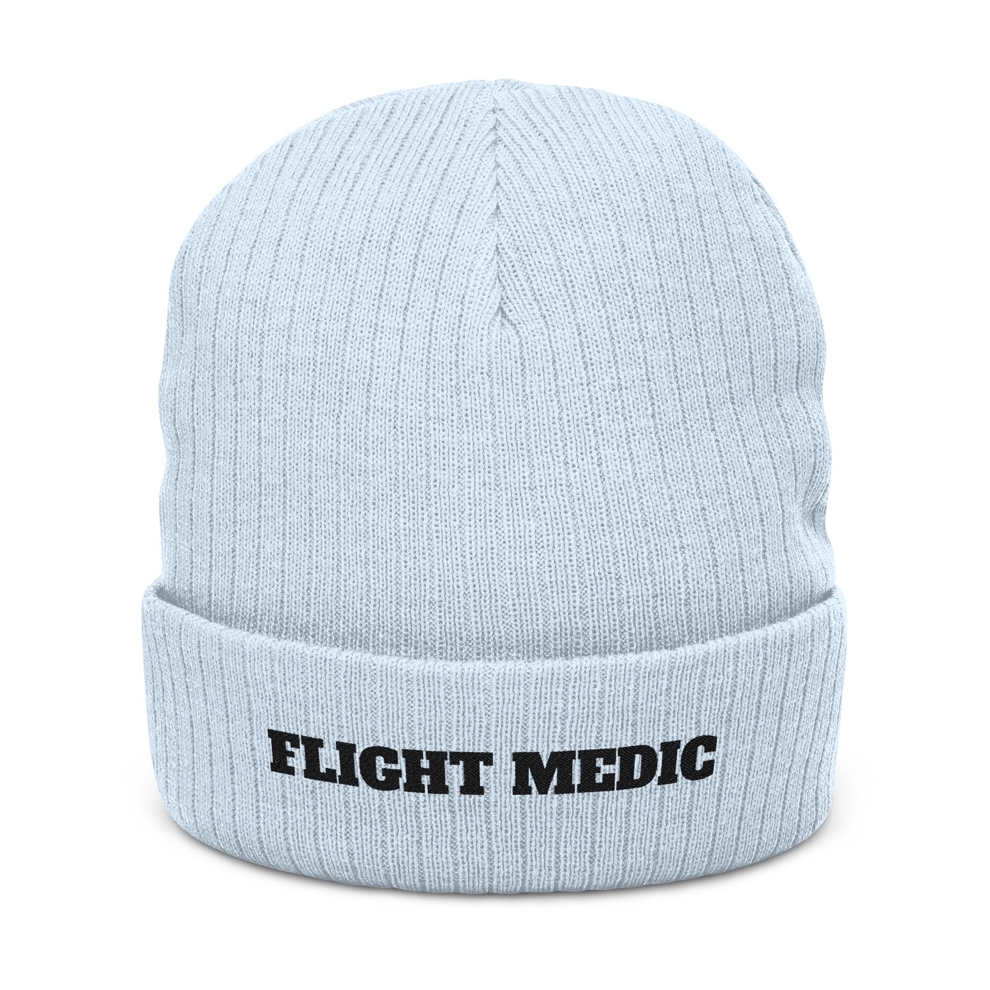 Light blue beanie with 'FLIGHT MEDIC' text on a white background