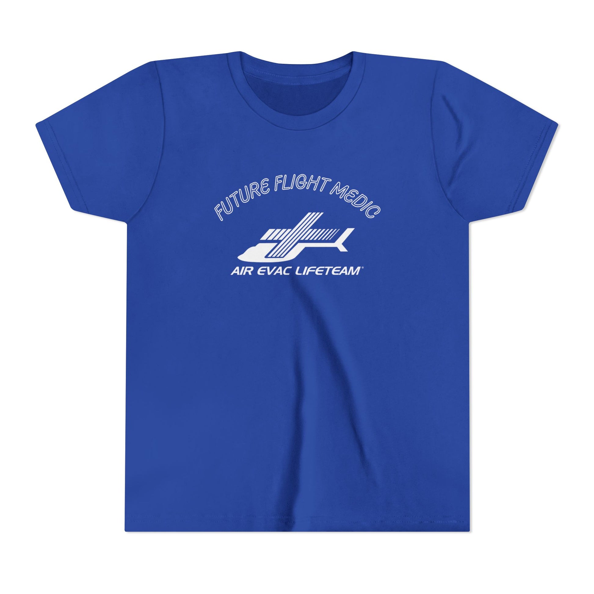 Blue kid's t-shirt with Air Evac Lifeteam logo and text "Future Flight Medic" by Rotor Wash & Wear