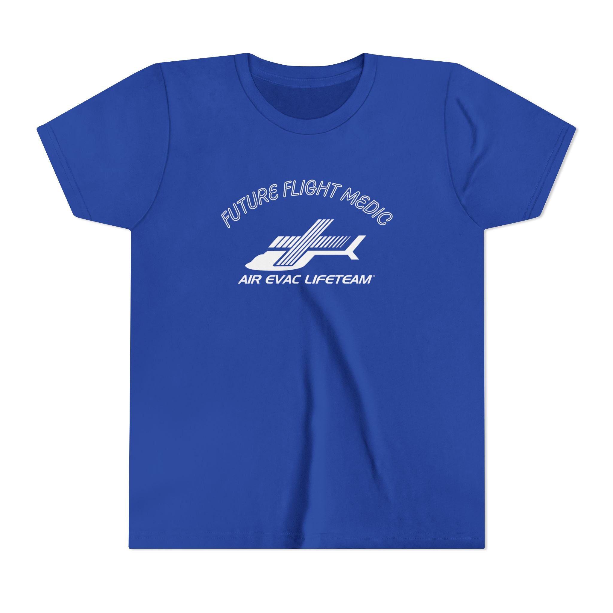 Blue kid's t-shirt with Air Evac Lifeteam logo and text "Future Flight Medic" by Rotor Wash & Wear