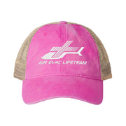 Pink women's trucker hat with beige mesh back and embroidered 'Air Evac Lifeteam' logo on a white background