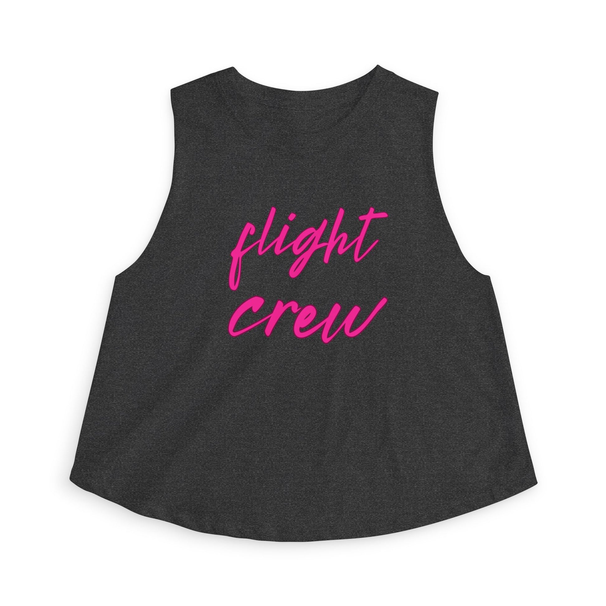 Heather gray sleeveless top with 'flight crew' text in pink by Rotor Wash & Wear
