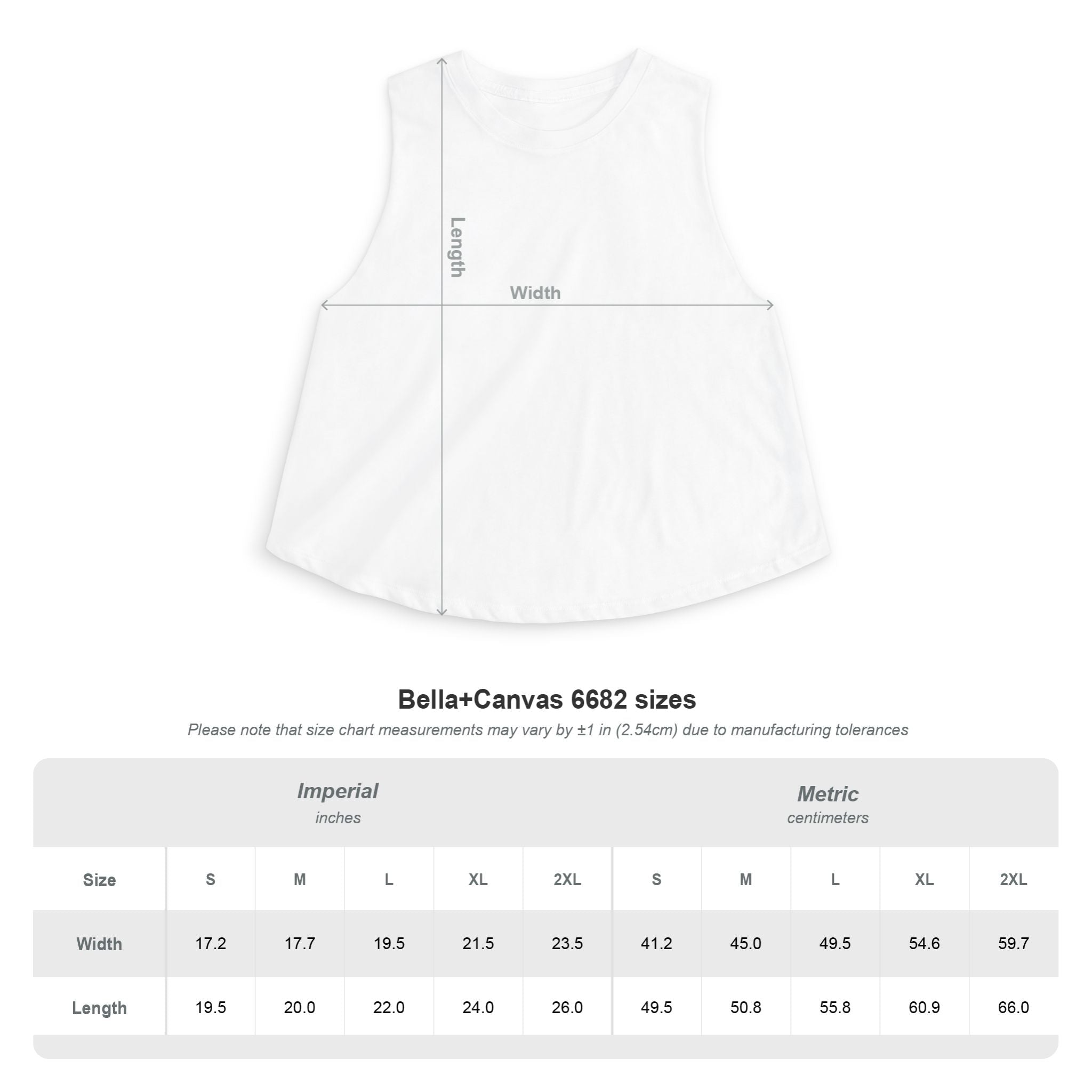 Measurement chart for a white tank top with size chart below