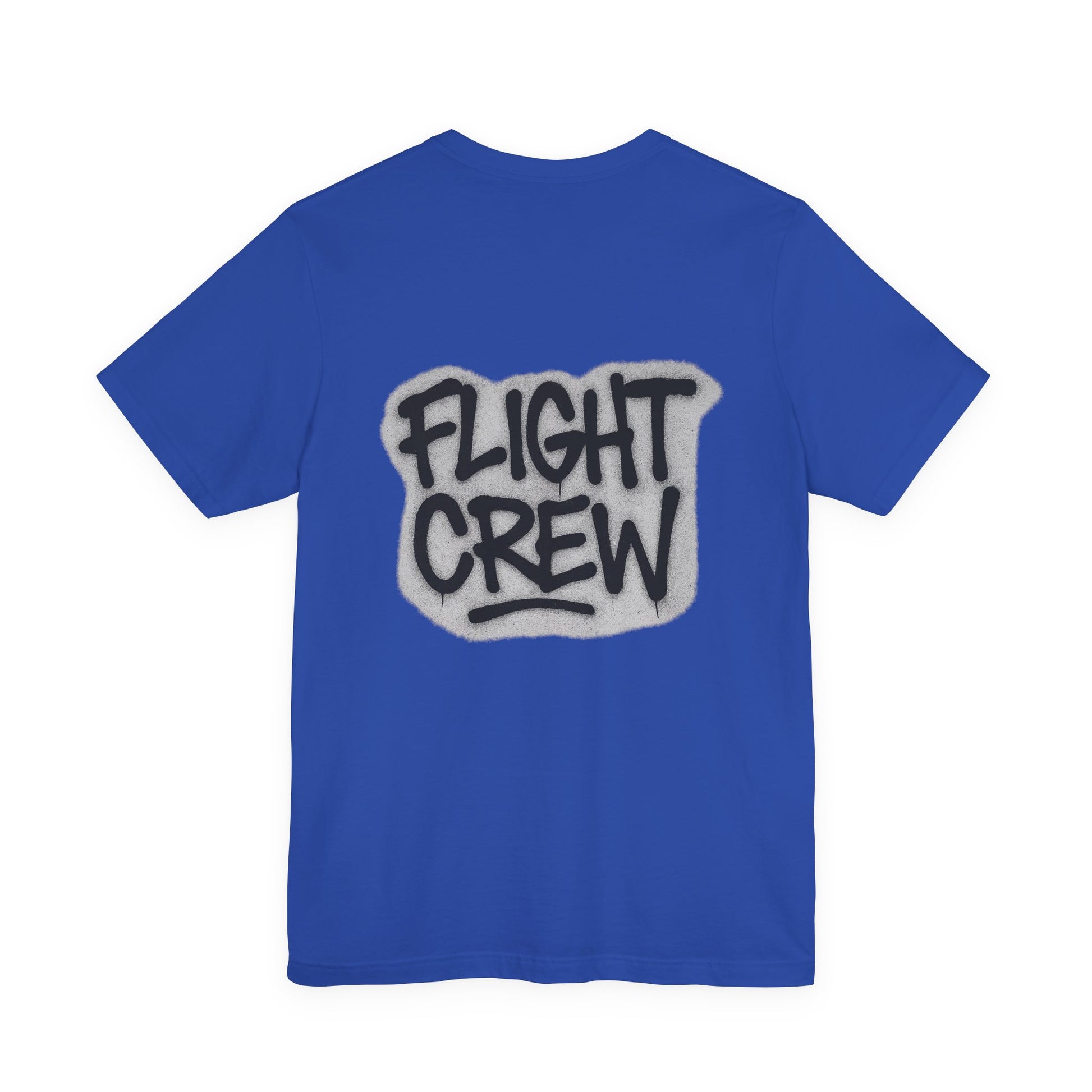 Blue t-shirt with graffiti style 'FLIGHT CREW' text on a white background