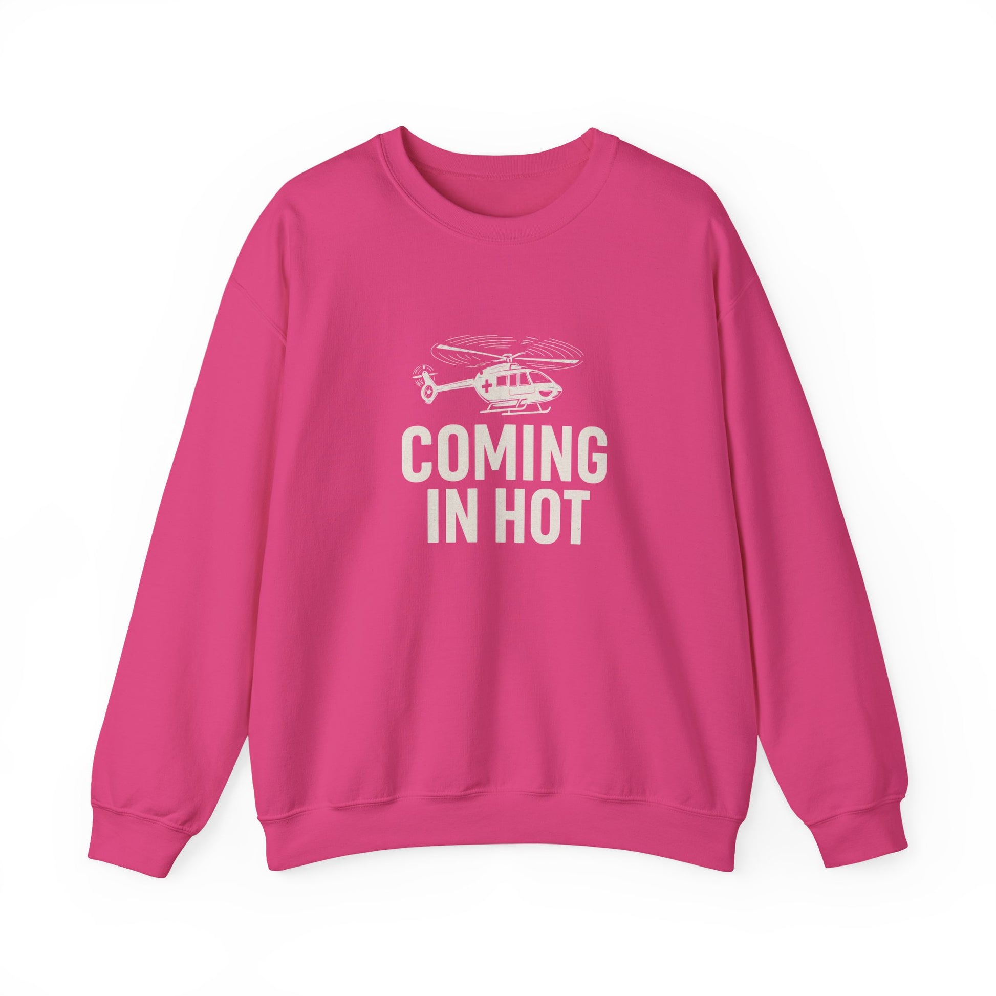 Pink sweatshirt with helicopter graphic and text 'COMING IN HOT' by Rotor Wash & Wear