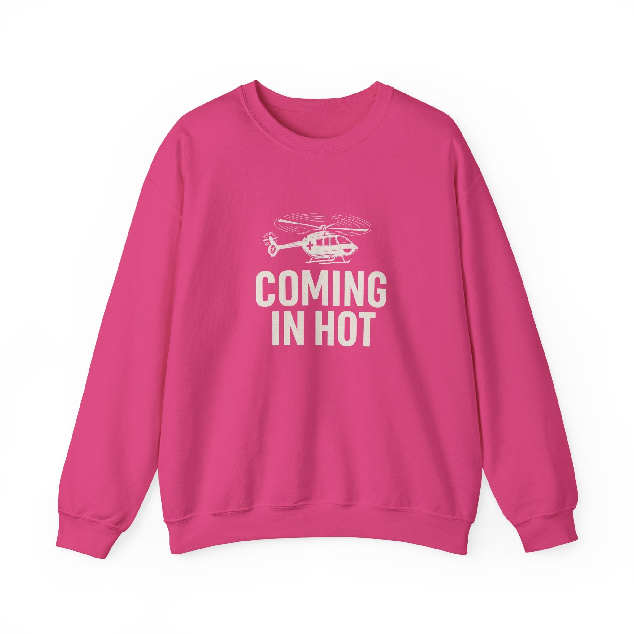 Pink sweatshirt with helicopter graphic and text 'COMING IN HOT' by Rotor Wash & Wear