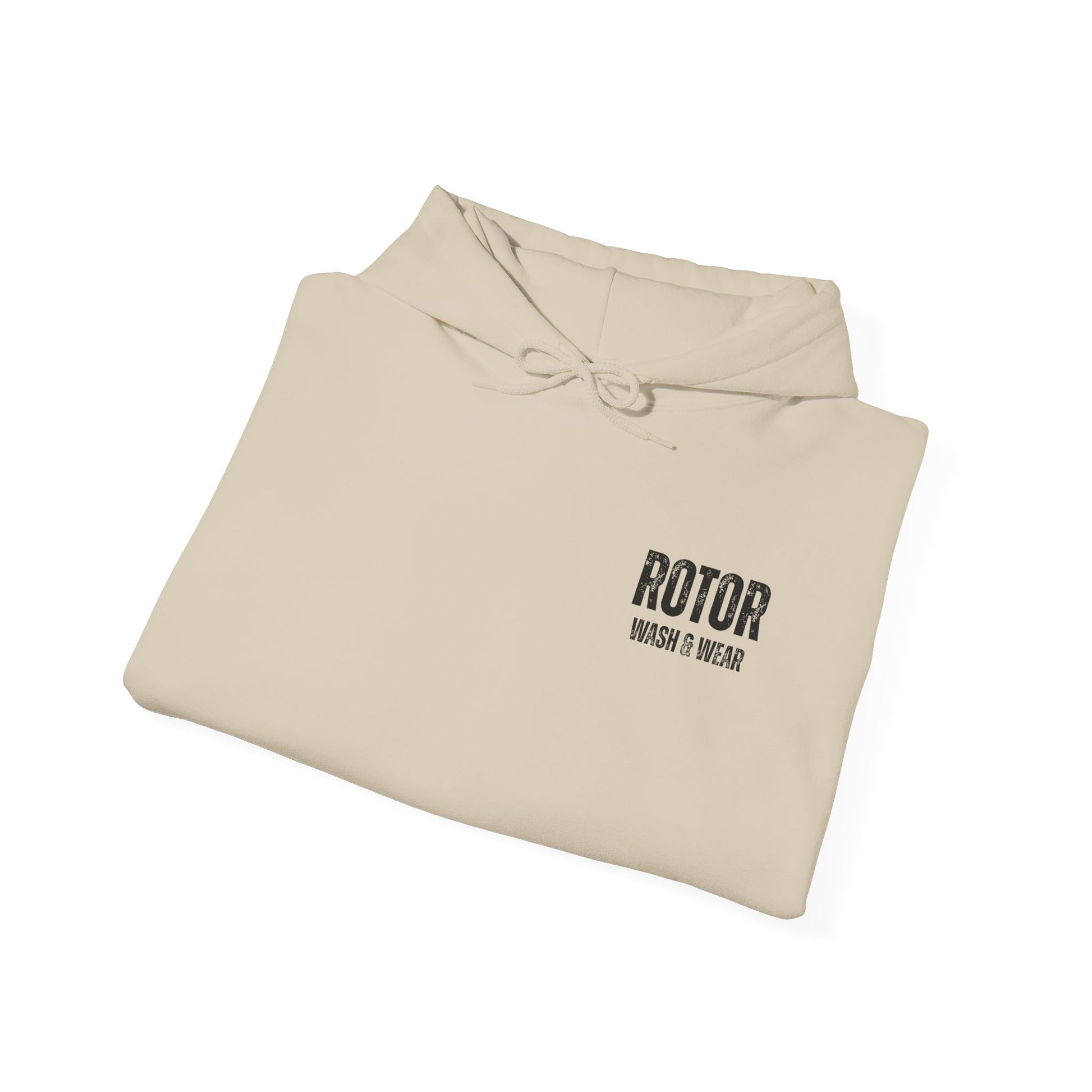 Folded beige hoodie with 'Rotor Wash & Wear' text on a white background