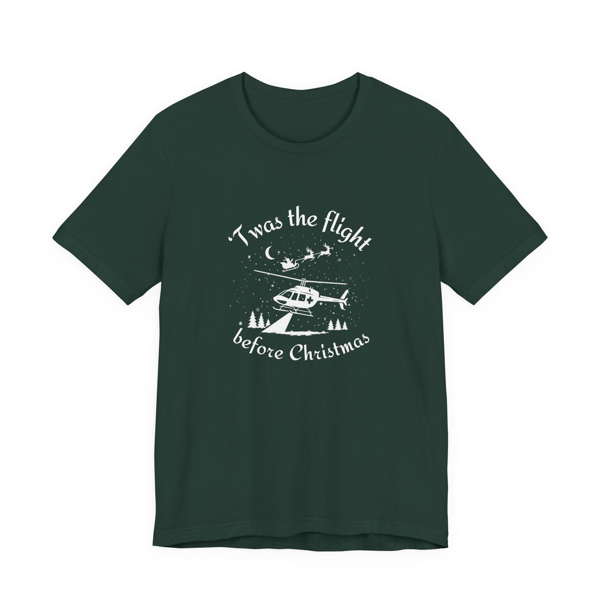 Green t-shirt with helicopter graphic and Santa and his sleigh in the background with text "'Twas the flight before Christmas" by Rotor Wash & Wear