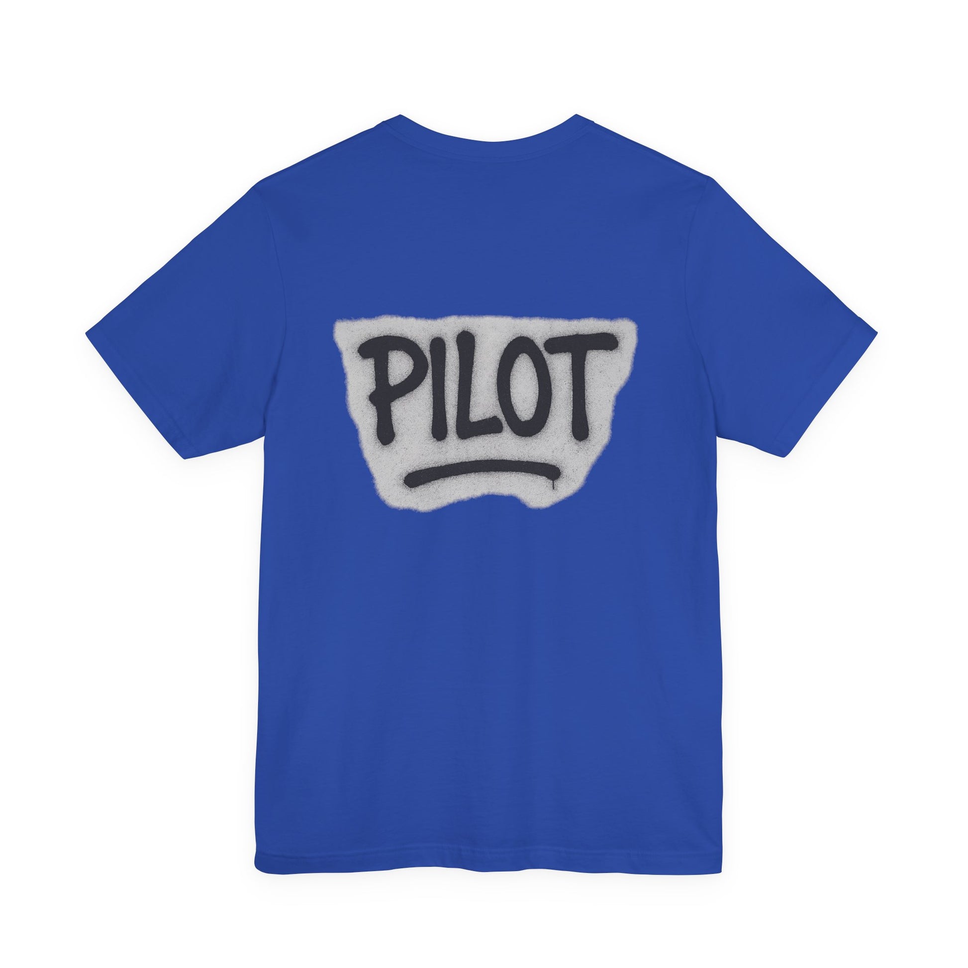 Blue t-shirt with graffiti style 'PILOT' text printed on the back against a white background