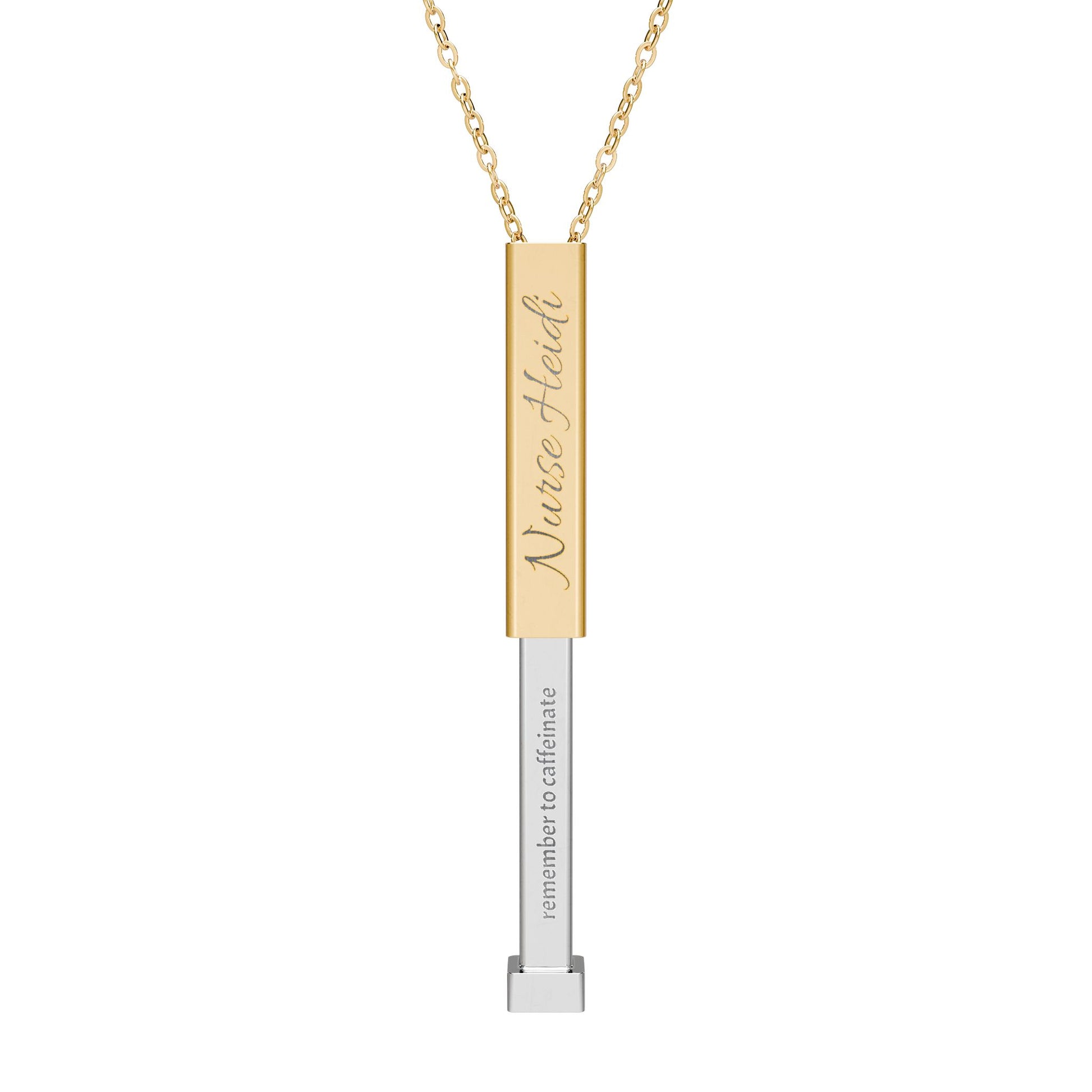 Silver and gold two-toned necklace with a cylindrical pendant customizable outer and hidden interior engraving by Rotor Wash & Wear