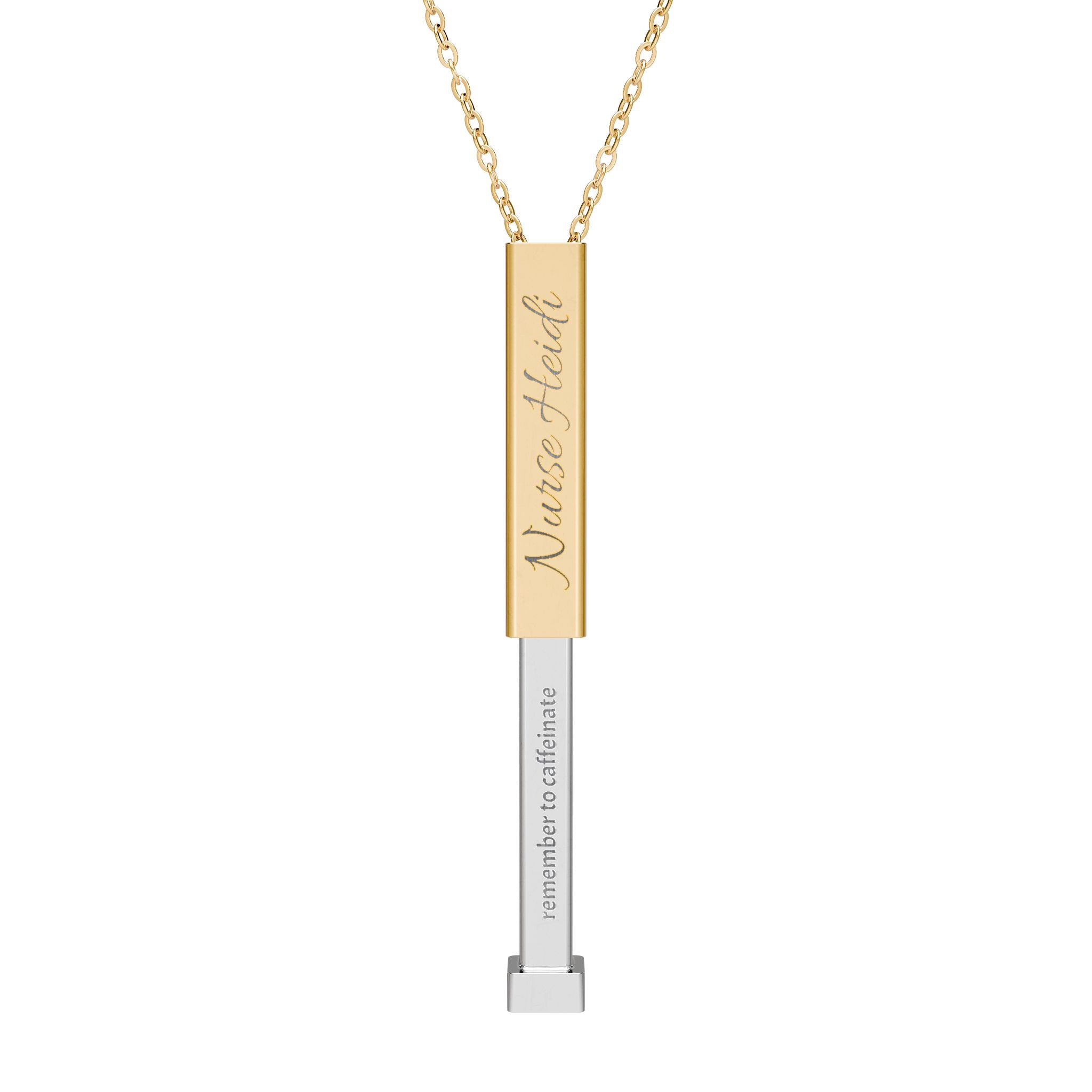 Silver and gold two-toned necklace with a cylindrical pendant customizable outer and hidden interior engraving by Rotor Wash & Wear