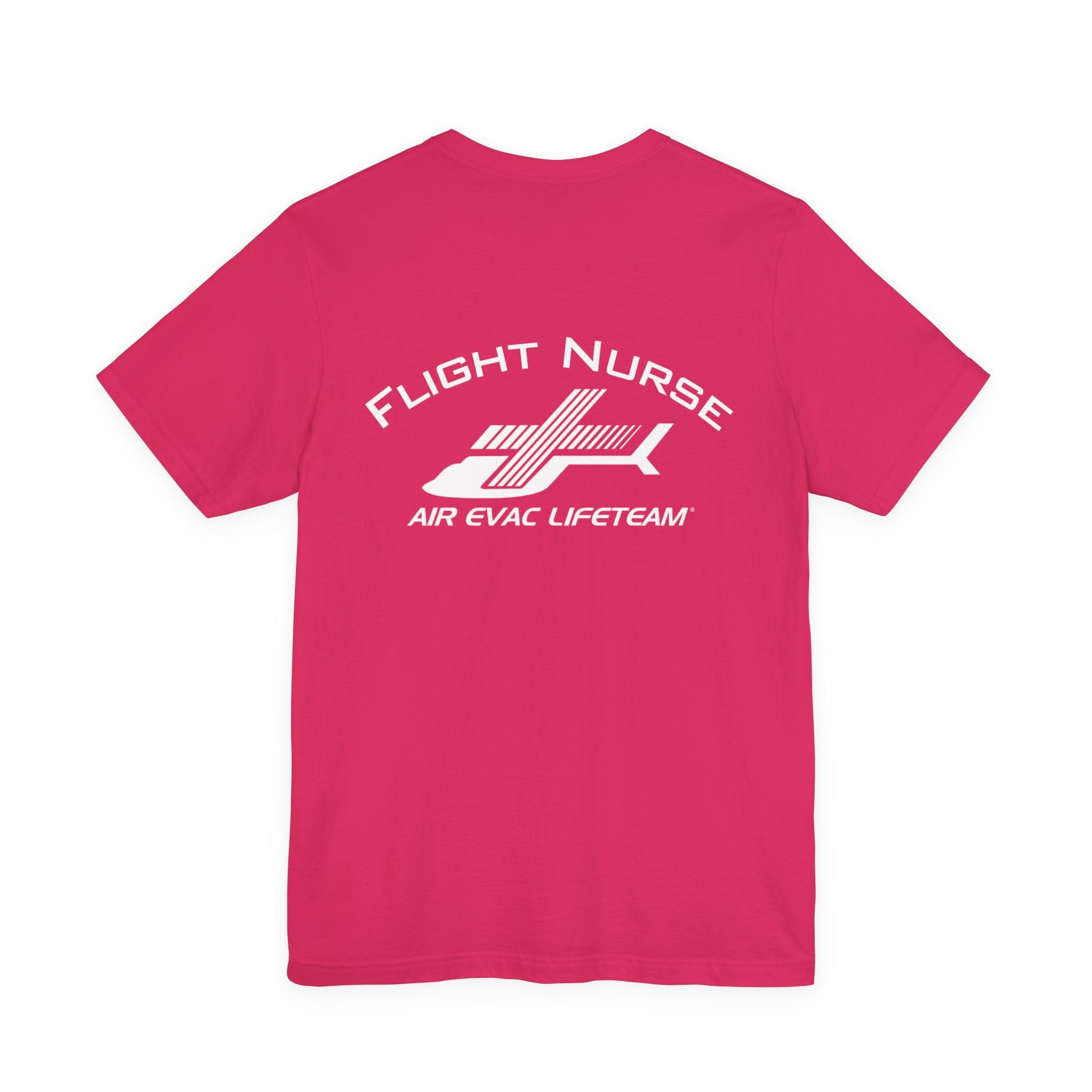Pink t-shirt with 'Flight Nurse" text and Air Evac Lifeteam' logo on the back by Rotor Wash & Wear