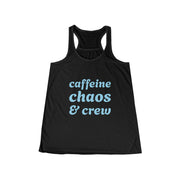 Black tank top with 'caffeine chaos & crew' text on a white background