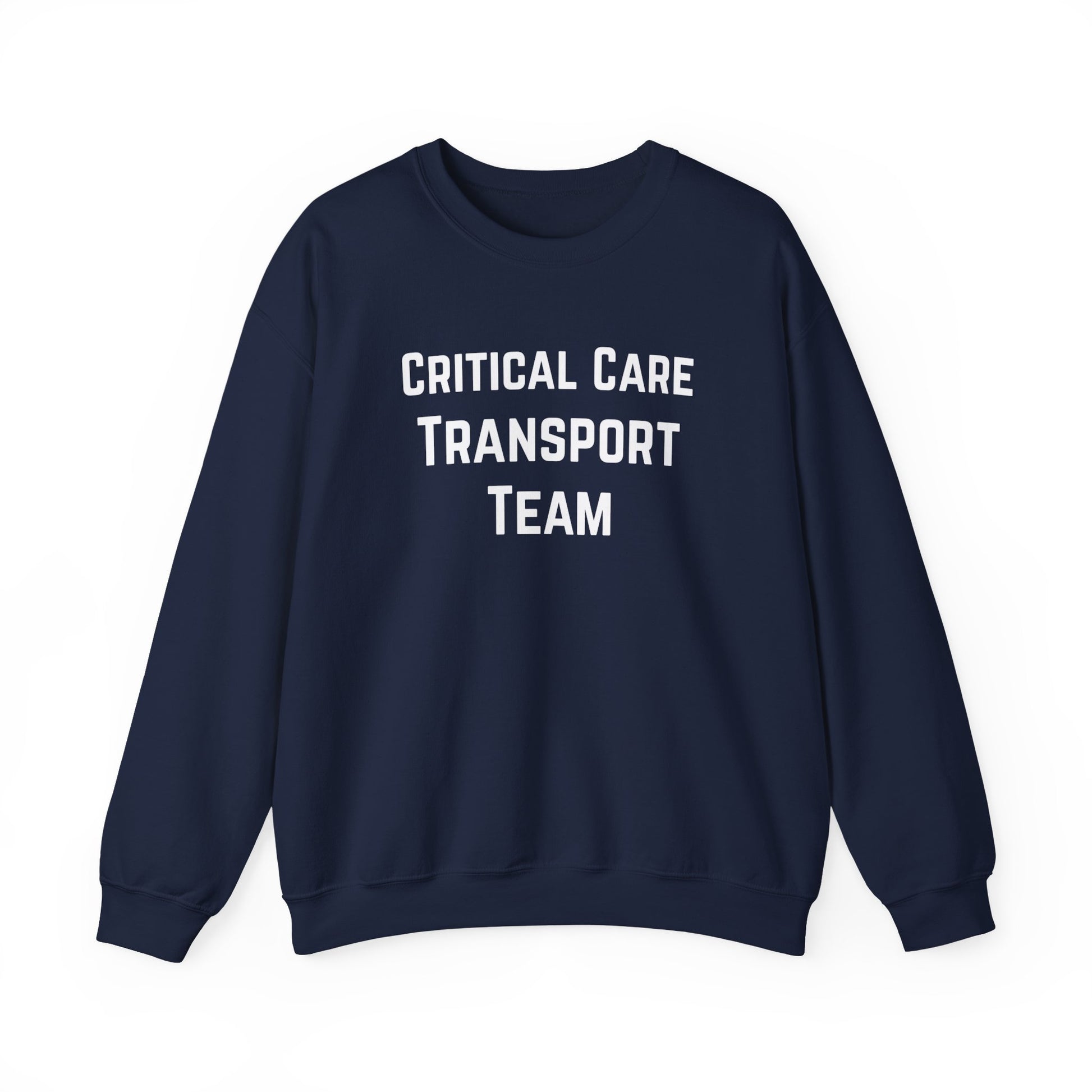 Navy sweatshirt with 'Critical Care Transport Team' text by Rotor Wash & Wear