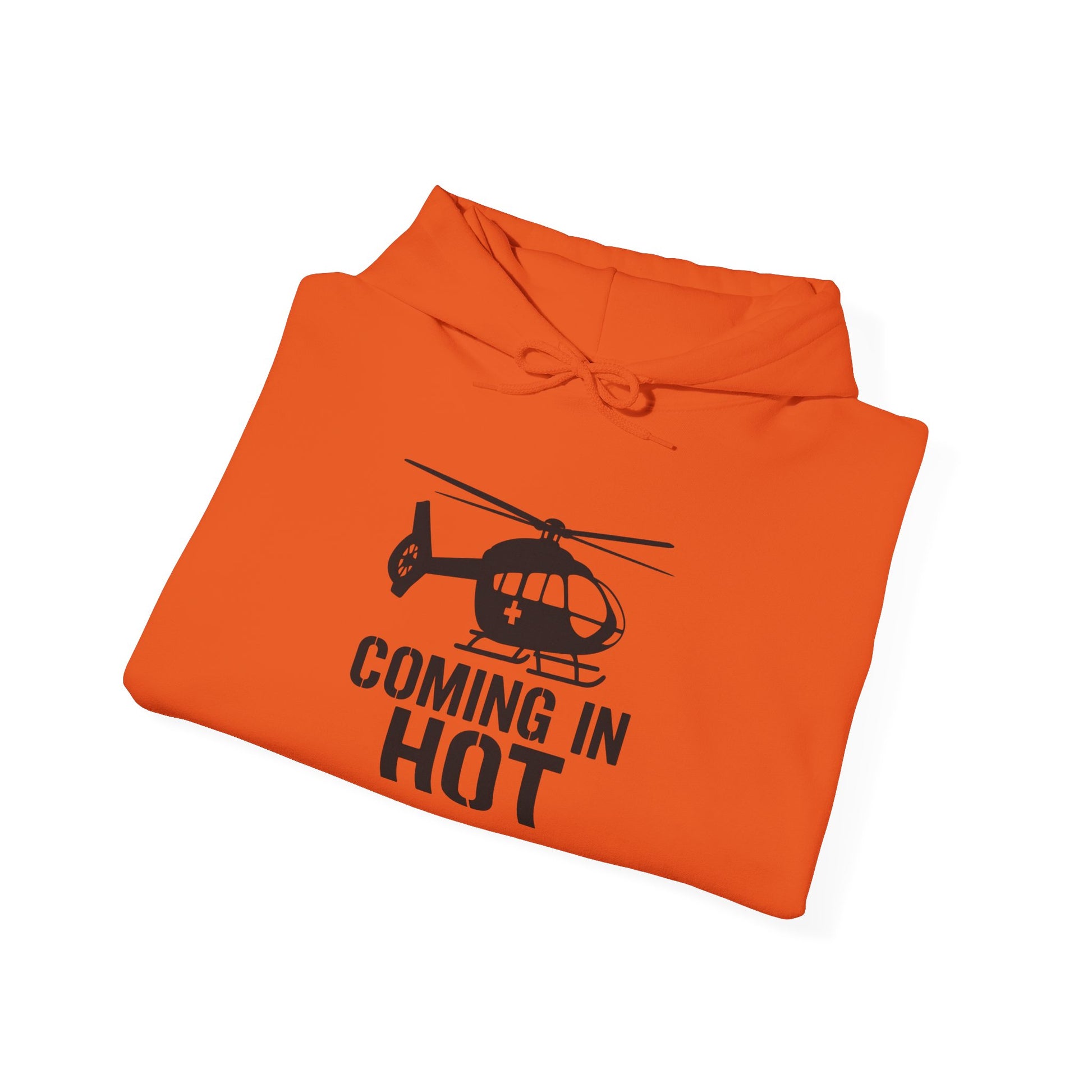 Orange hoodie with helicopter graphic and text 'Coming in Hot' on a white background