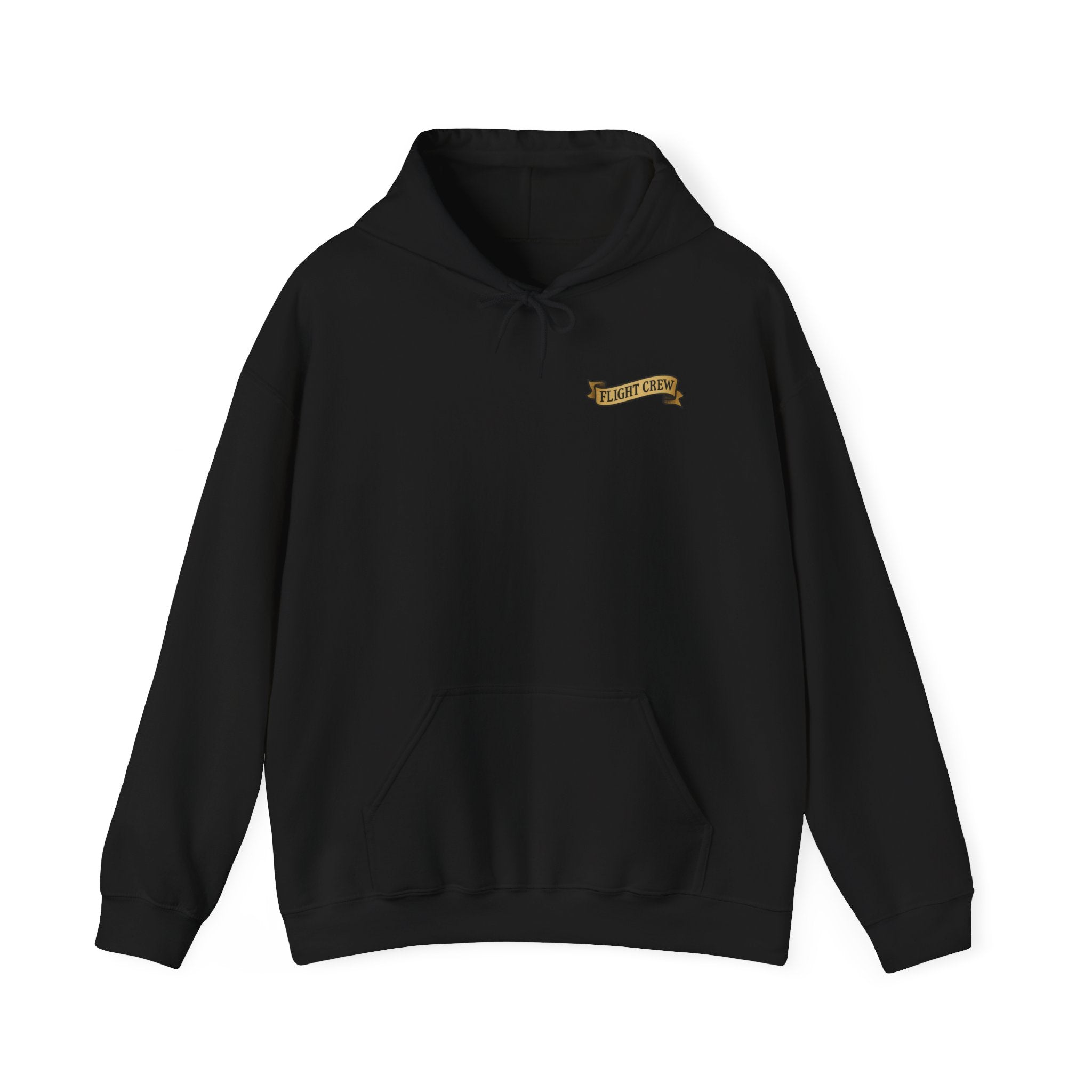 Black hoodie with a small ribbon on the chest with the text "flight crew" against a white background