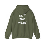 Green hoodie with 'NOT THE PILOT' text on the back against a white background