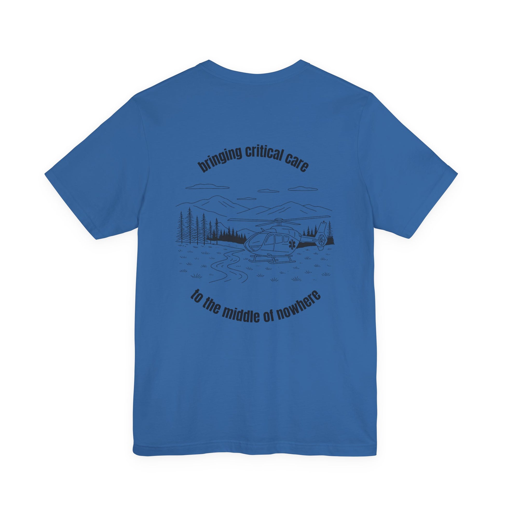 Blue t-shirt with a helicopter graphic and text "bringing critical care to the middle of nowhere" on the back, displayed on a white background.