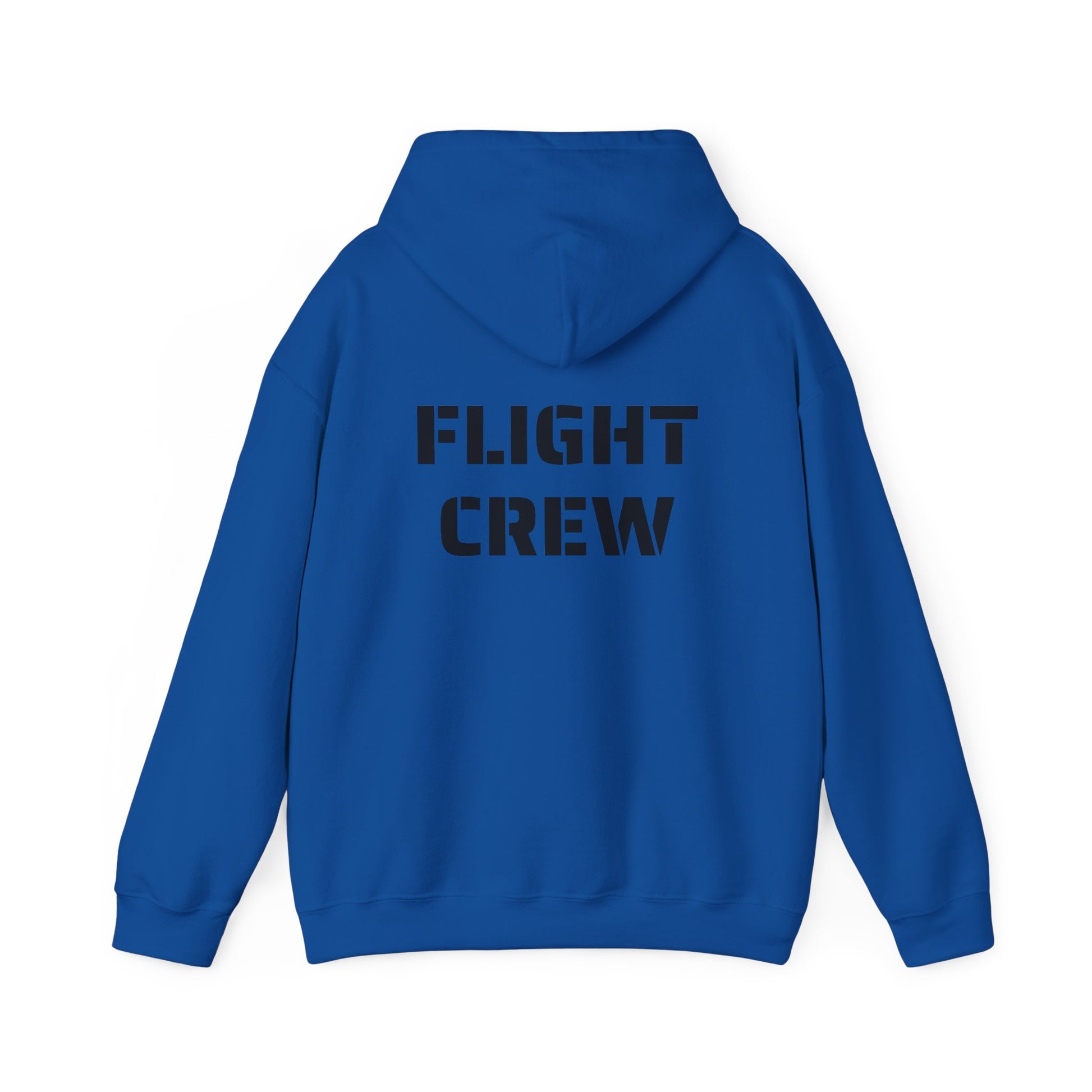 Blue hoodie with 'FLIGHT CREW' text on the back against a white background