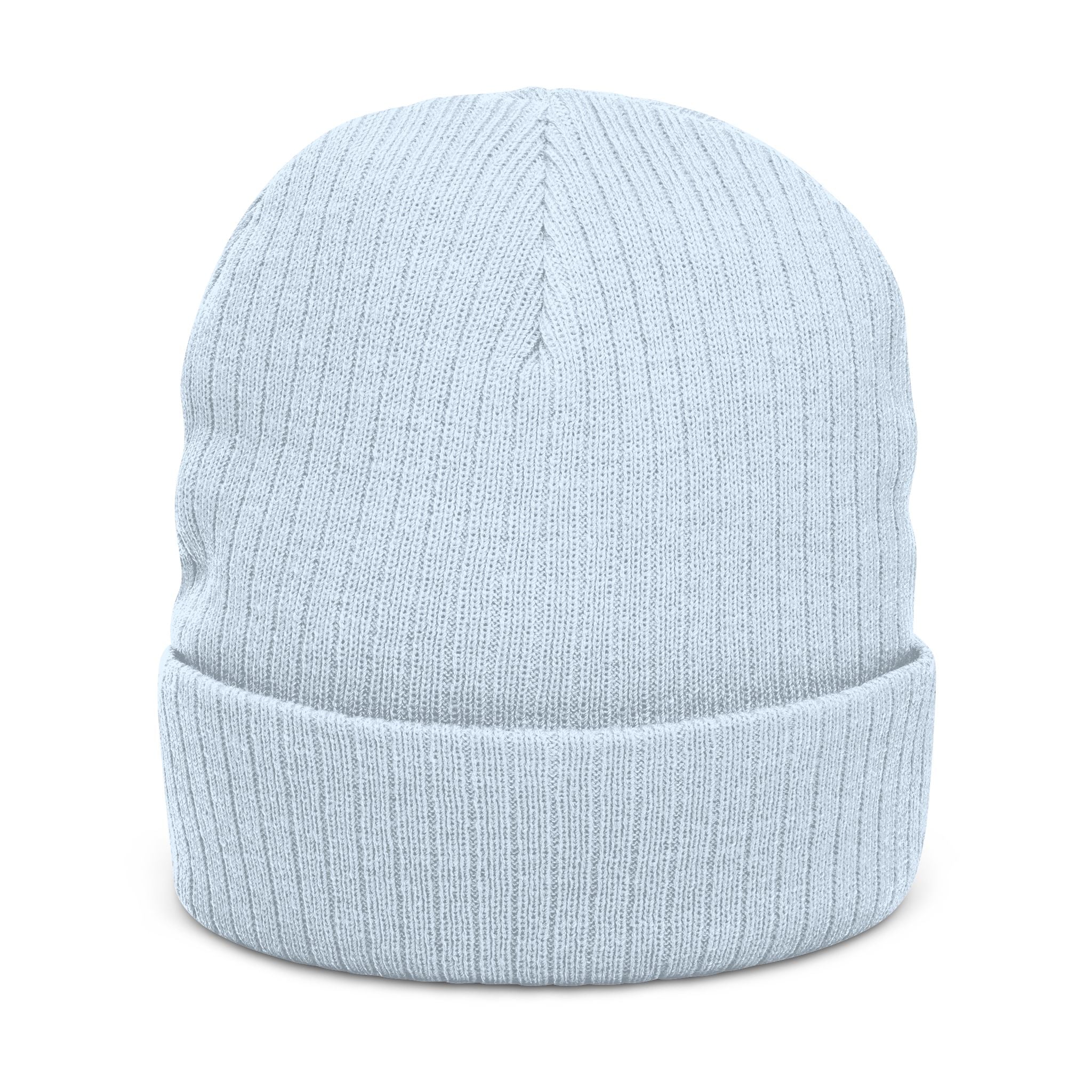 Light blue knit beanie on a white background