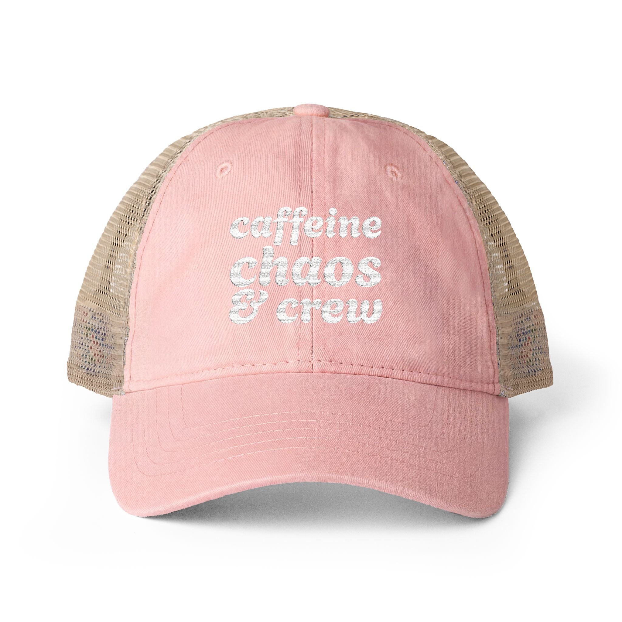 Women's "Caffeine, Chaos & Crew" Embroidered Trucker Hat