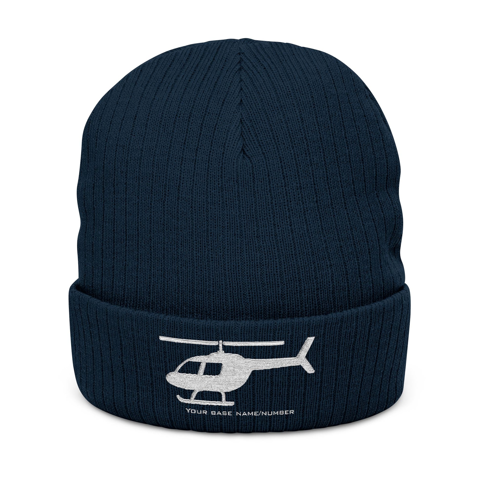 Navy blue beanie with helicopter design and text on a white background