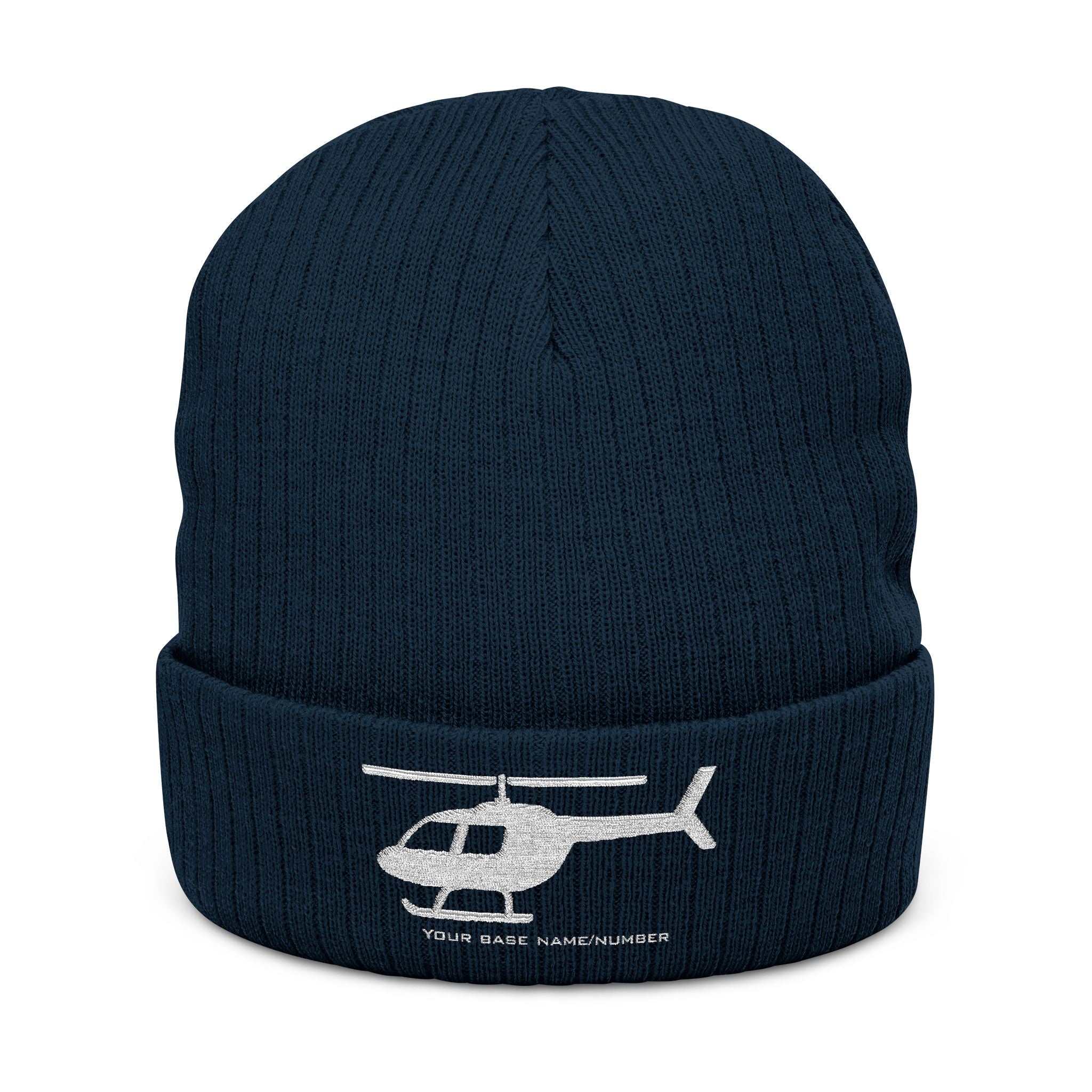 Navy blue beanie with helicopter design and text on a white background