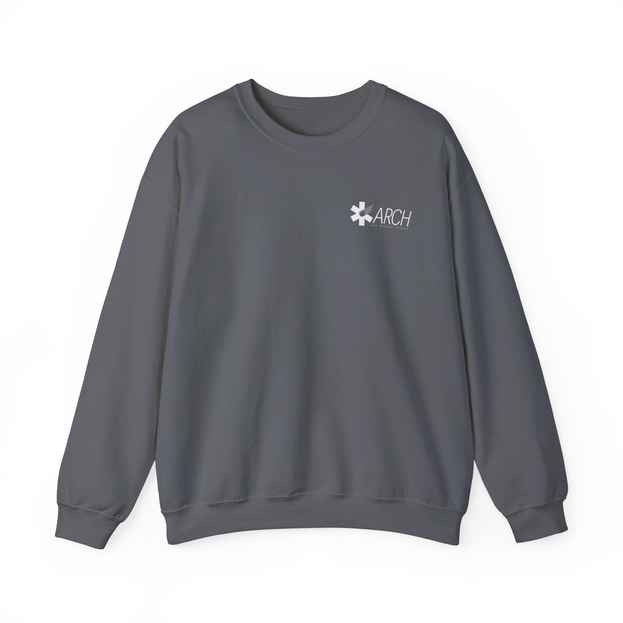 Gray crewneck sweatshirt with a small ARCH by Air Methods logo on the left chest by Rotor Wash & Wear