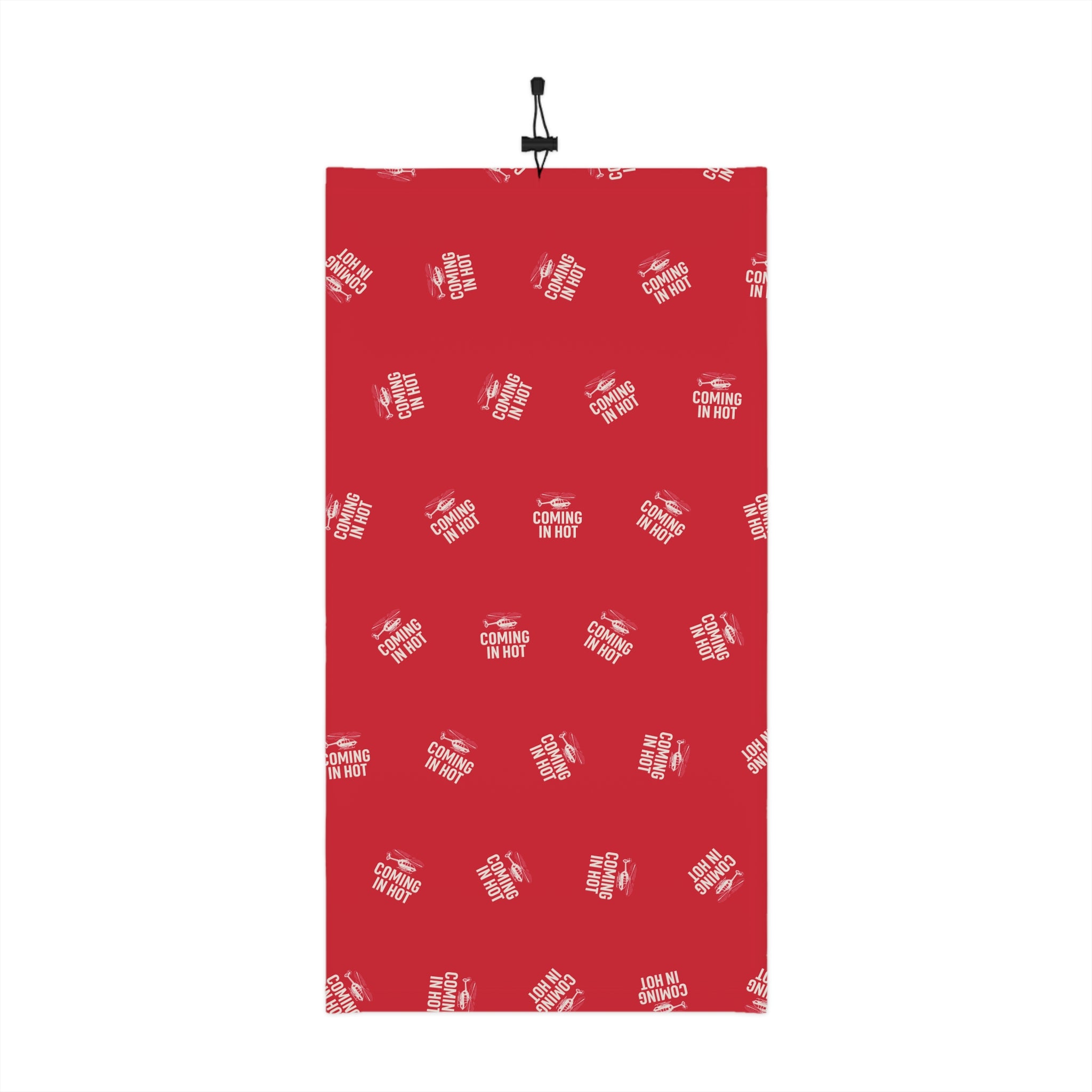  Red neck gaiter with text "Coming in hot" with a helicopter graphic by Rotor Wash & Wear