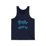 Navy tank top with 'flight nurse' text in blue on a white background
