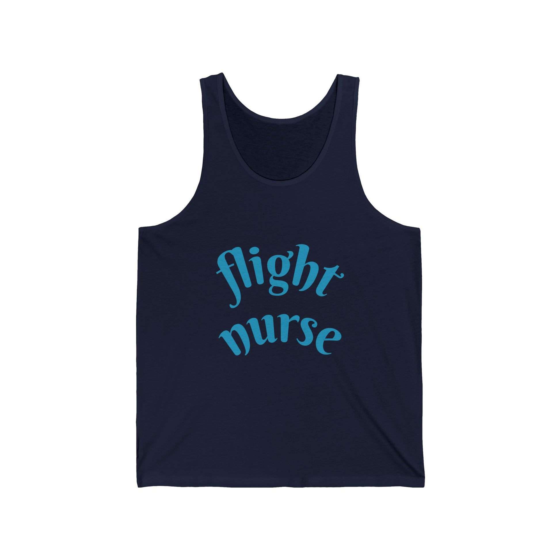 Navy tank top with 'flight nurse' text in blue on a white background