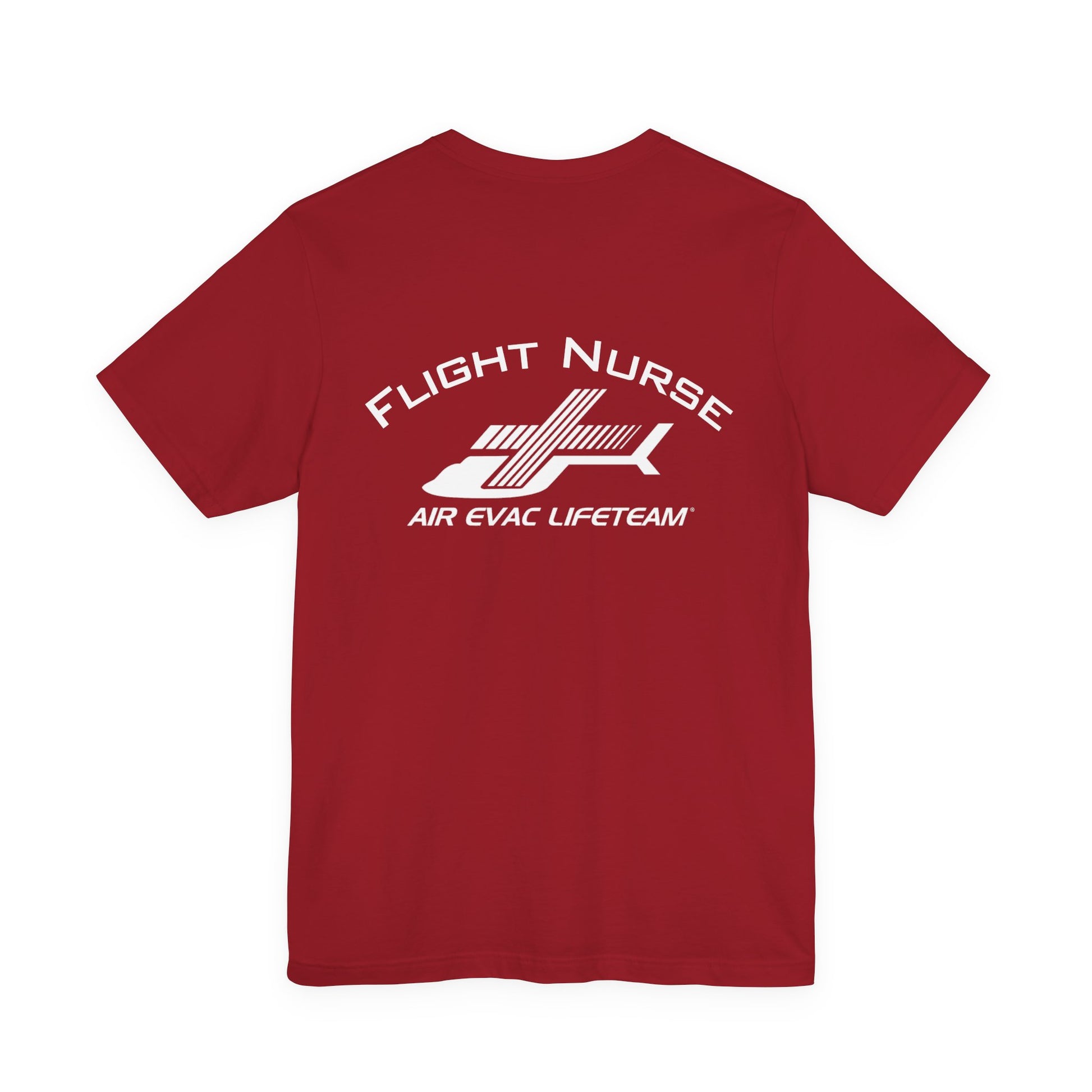 Red t-shirt with 'Flight Nurse" text and Air Evac Lifeteam' logo on the back by Rotor Wash & Wear