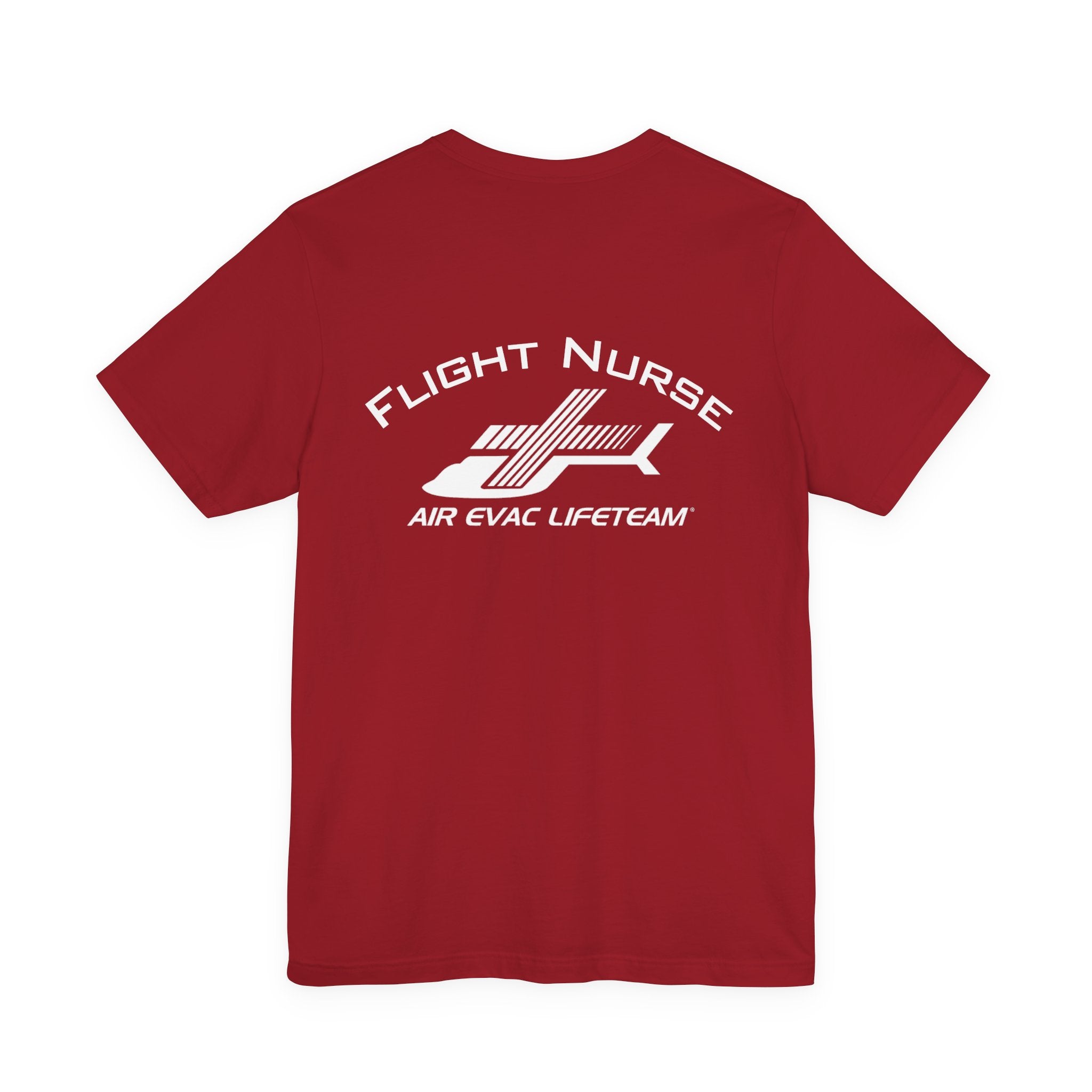 Red t-shirt with 'Flight Nurse" text and Air Evac Lifeteam' logo on the back by Rotor Wash & Wear