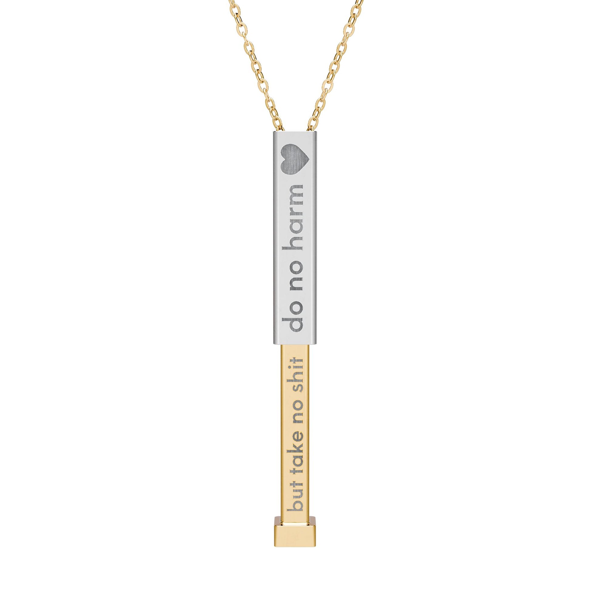 Silver and gold two-toned necklace with a cylindrical pendant engraved with 'do no harm' with hidden interior engraving "but take no shit" by Rotor Wash & Wear