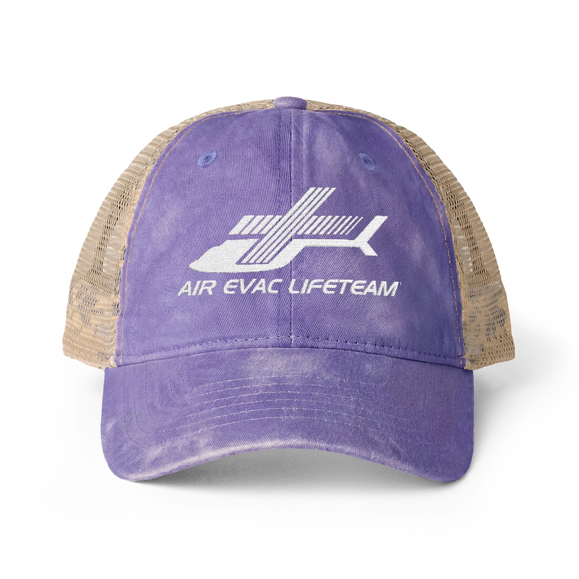 Purple women's trucker hat with beige mesh back and embroidered 'Air Evac Lifeteam' logo on a white background