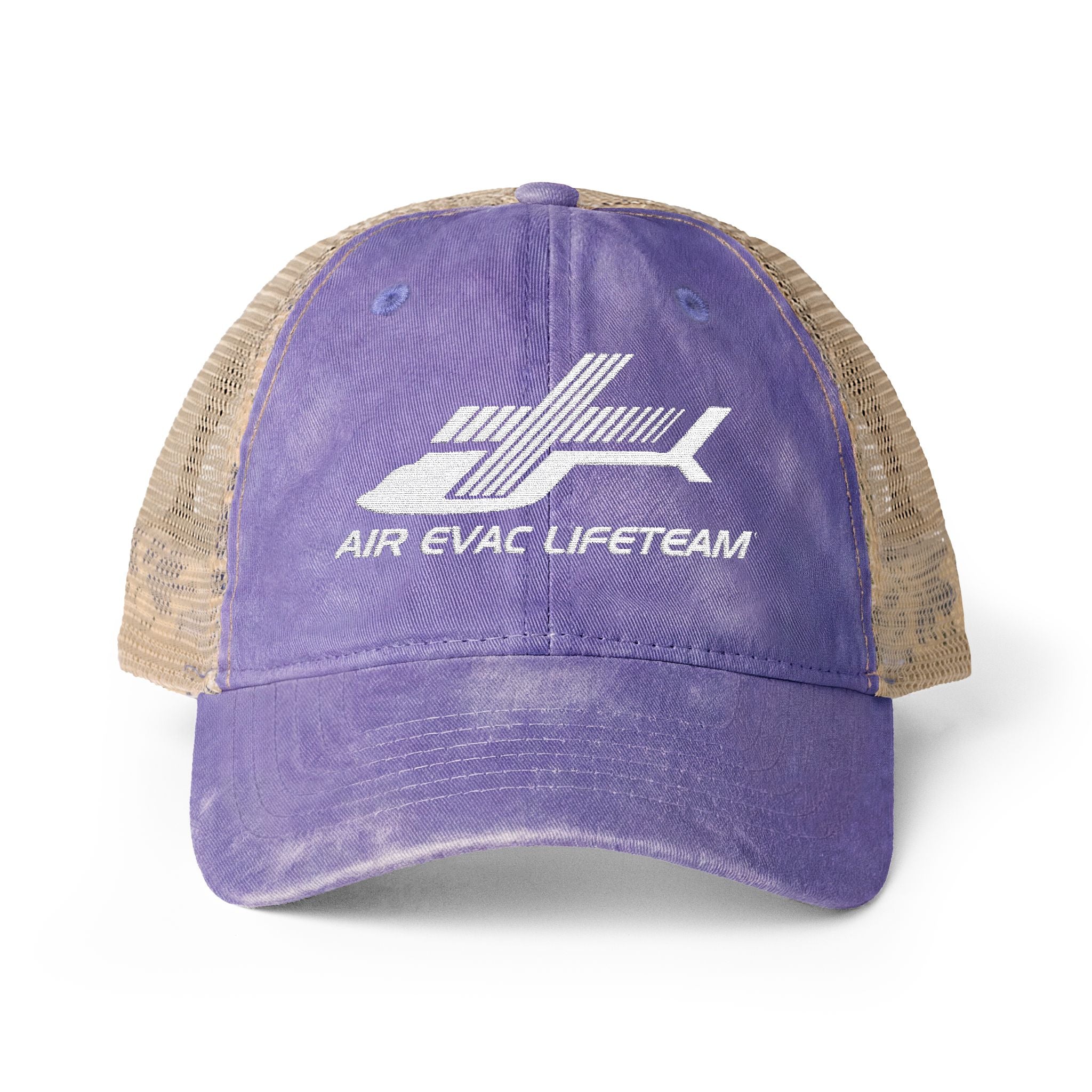 Purple women's trucker hat with beige mesh back and embroidered 'Air Evac Lifeteam' logo on a white background