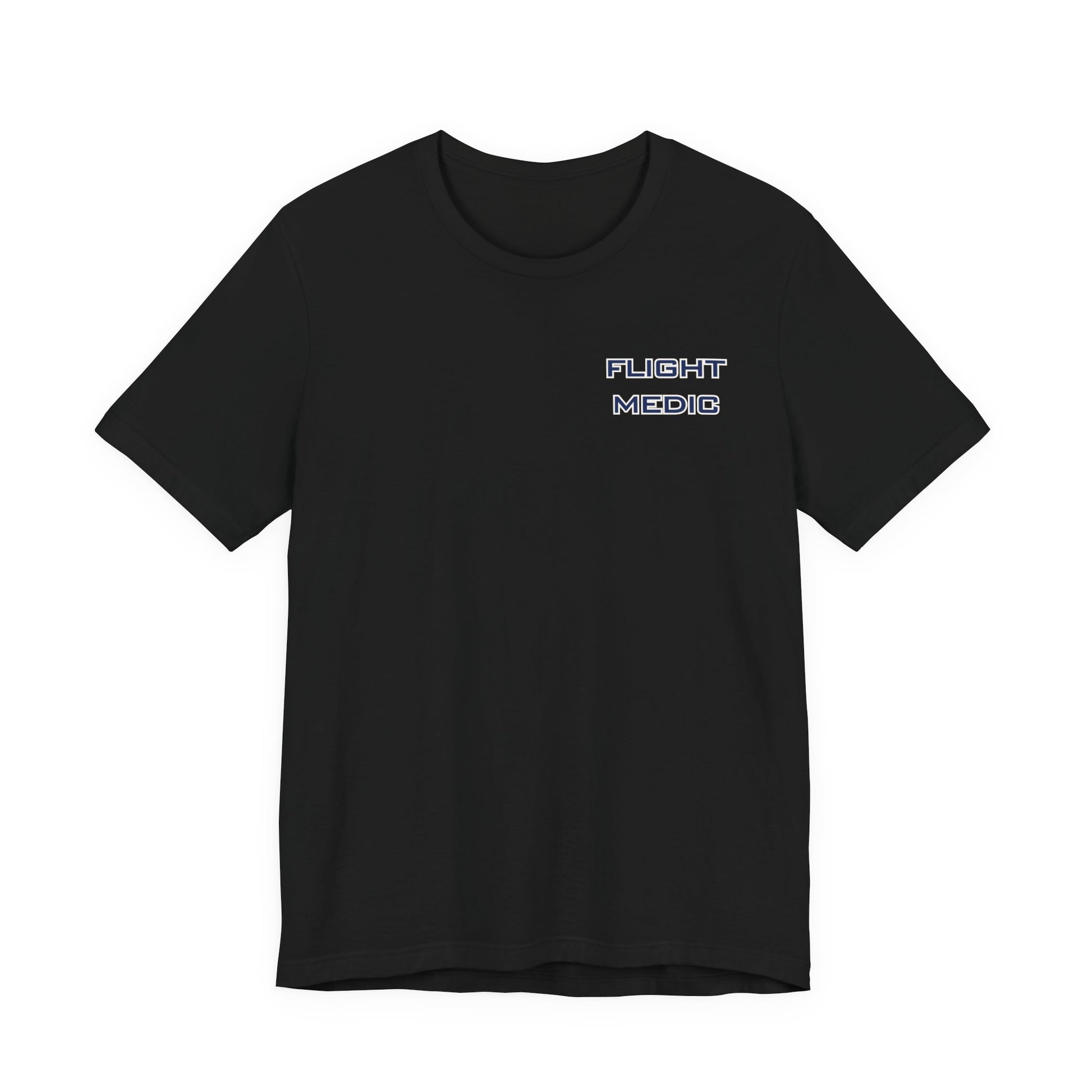 Black t-shirt with text 'Flight Medic' on the left chest by Rotor Wash & Wear