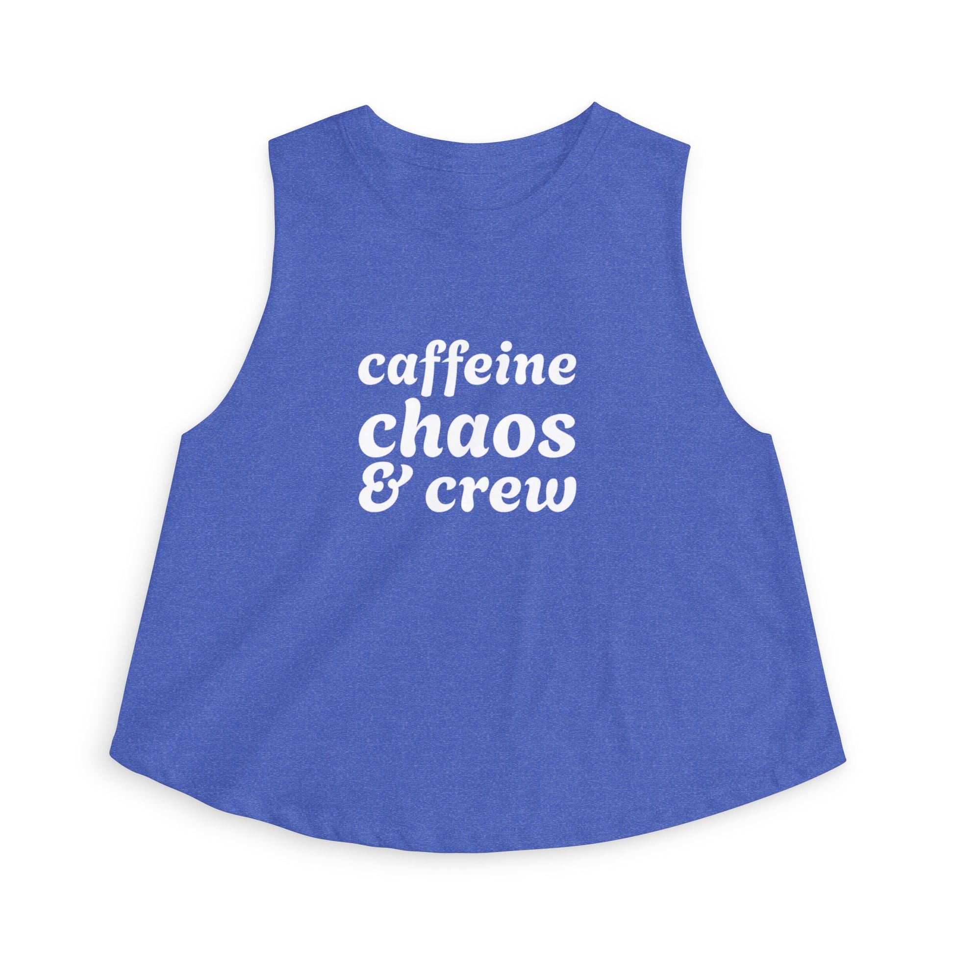 Blue sleeveless shirt with 'caffeine chaos & crew' text by Rotor Wash & Wear