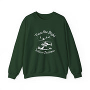 Green sweatshirt with helicopter graphic and Santa and his sleigh in the background with text "'Twas the flight before Christmas" by Rotor Wash & Wear
