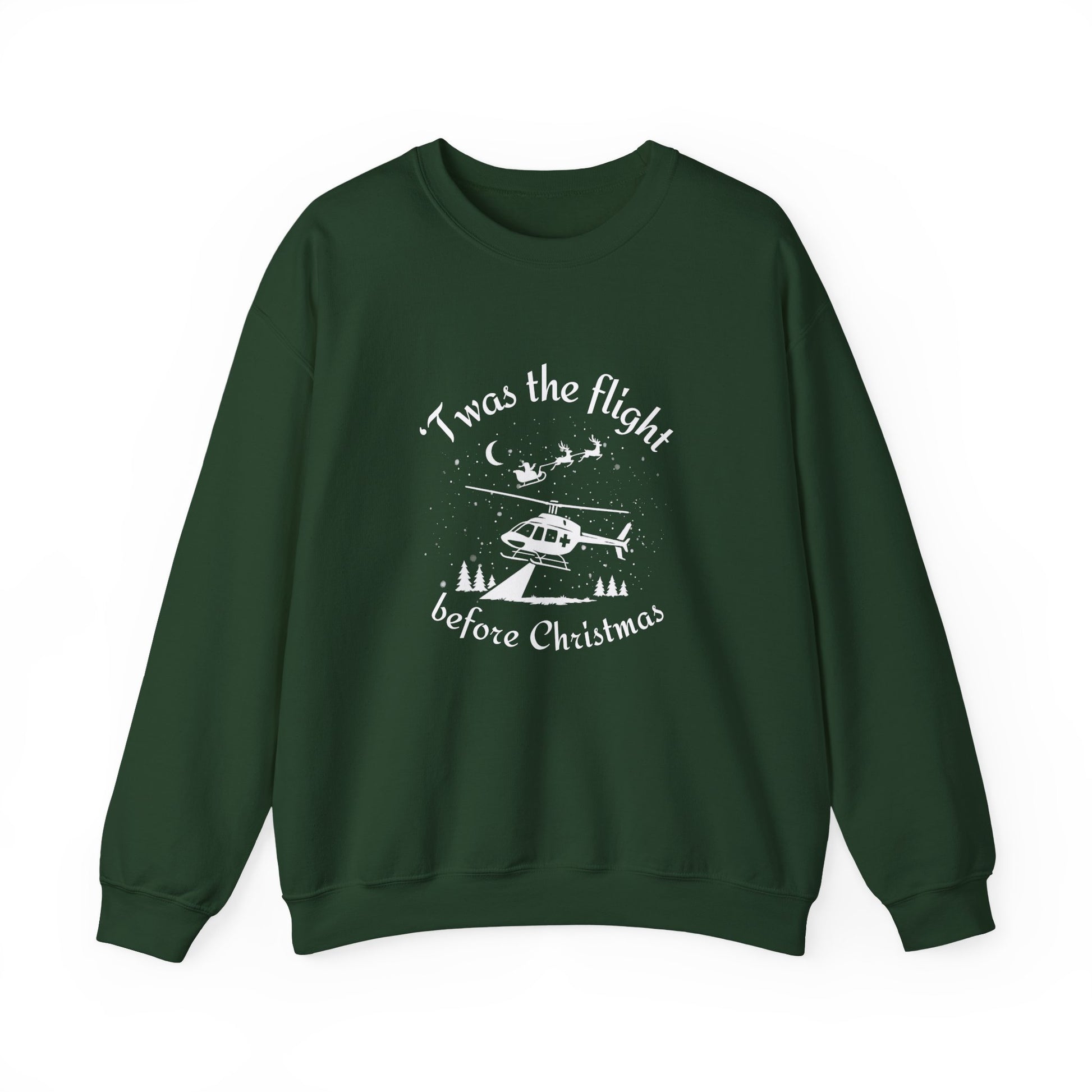 Green sweatshirt with helicopter graphic and Santa and his sleigh in the background with text "'Twas the flight before Christmas" by Rotor Wash & Wear