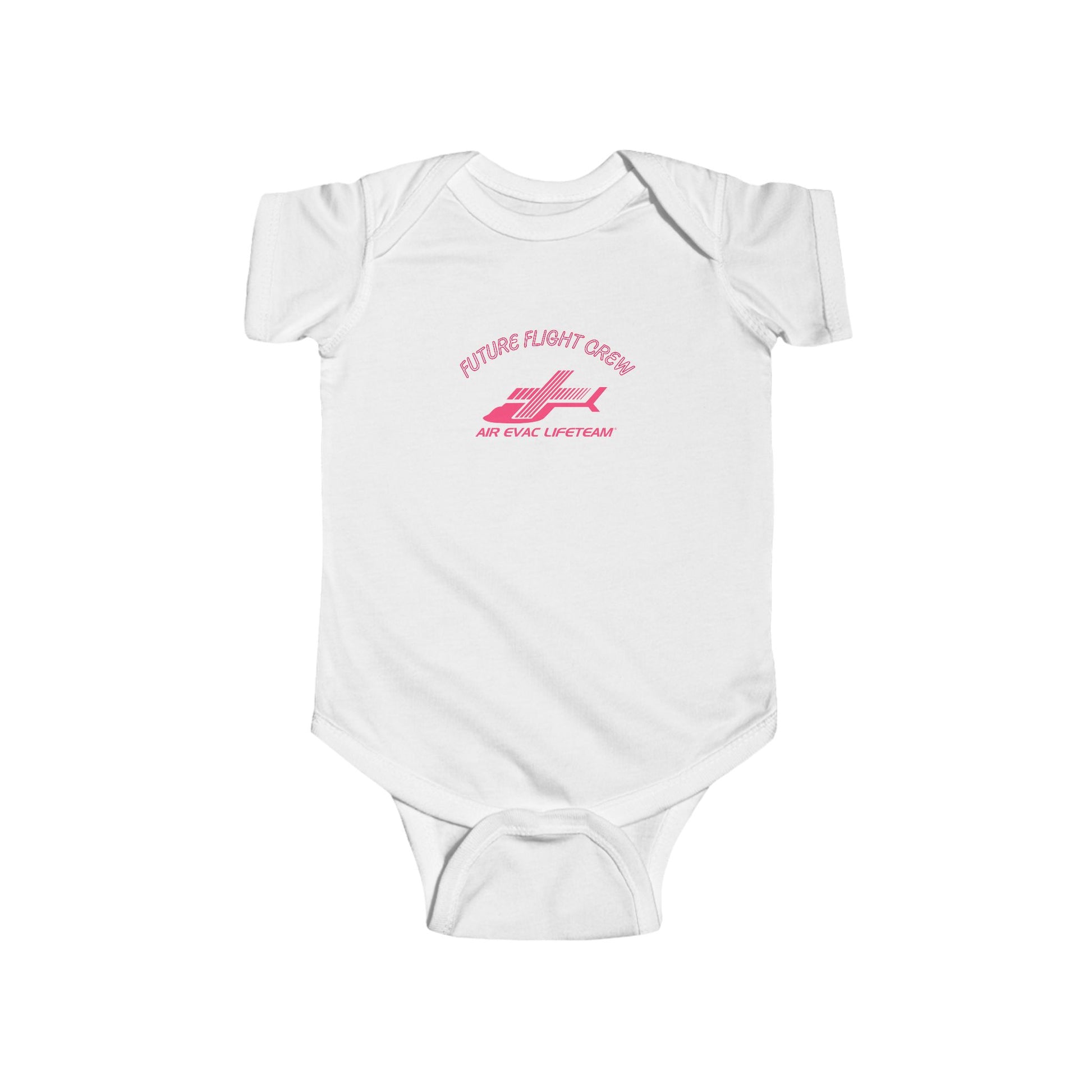White baby onesie with Air Evac Lifeteam logo and text "Future Flight Crew" by Rotor Wash & Wear