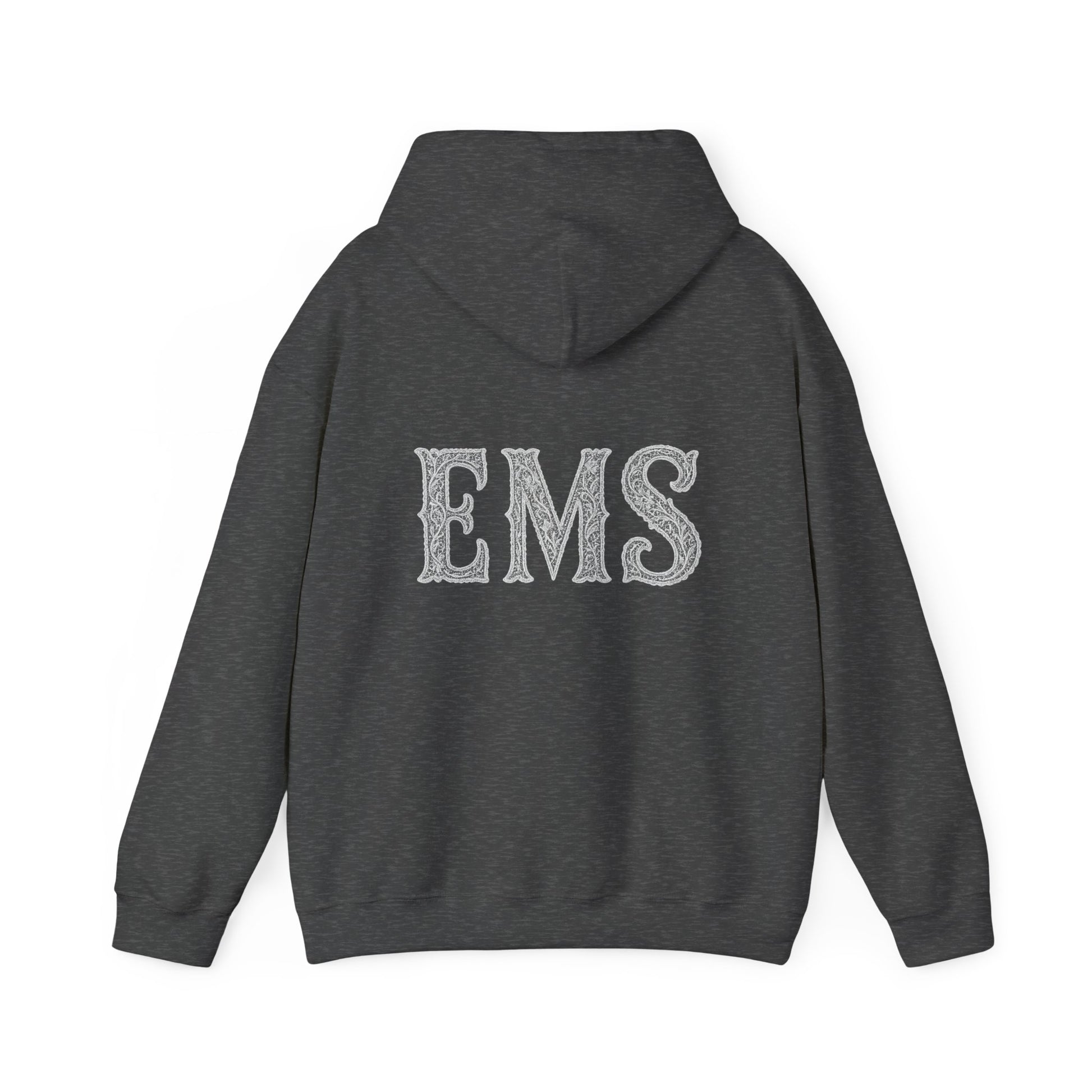 Dark gray hoodie with 'EMS' text on the back against a white background