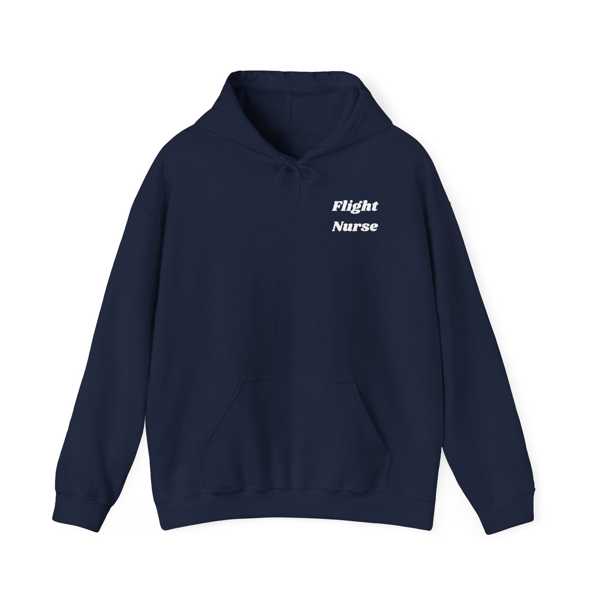 Navy blue hoodie with 'Flight Nurse' text on a white background