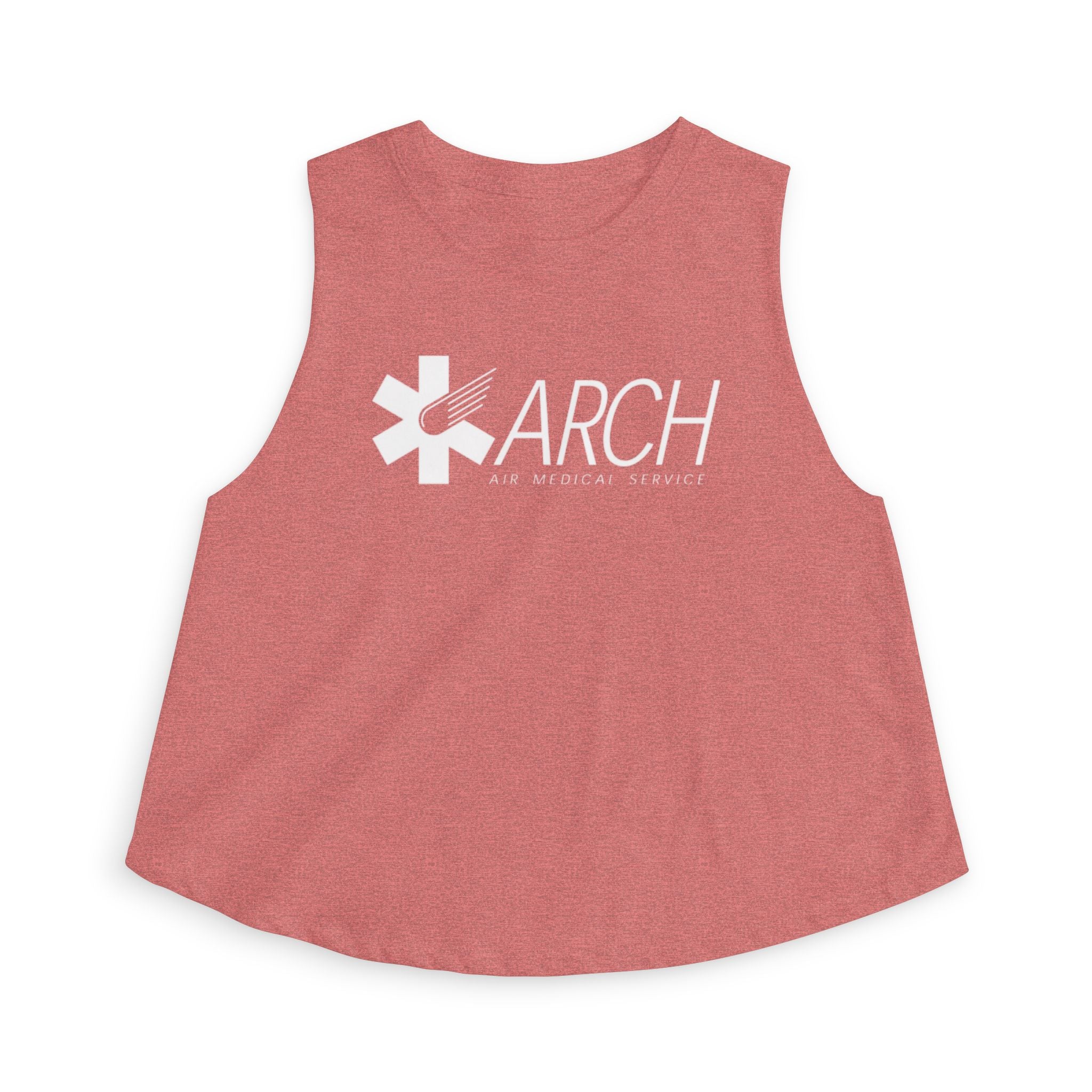 Heather mauve sleeveless shirt with ARCH by Air Methods logo by Rotor Wash & Wear