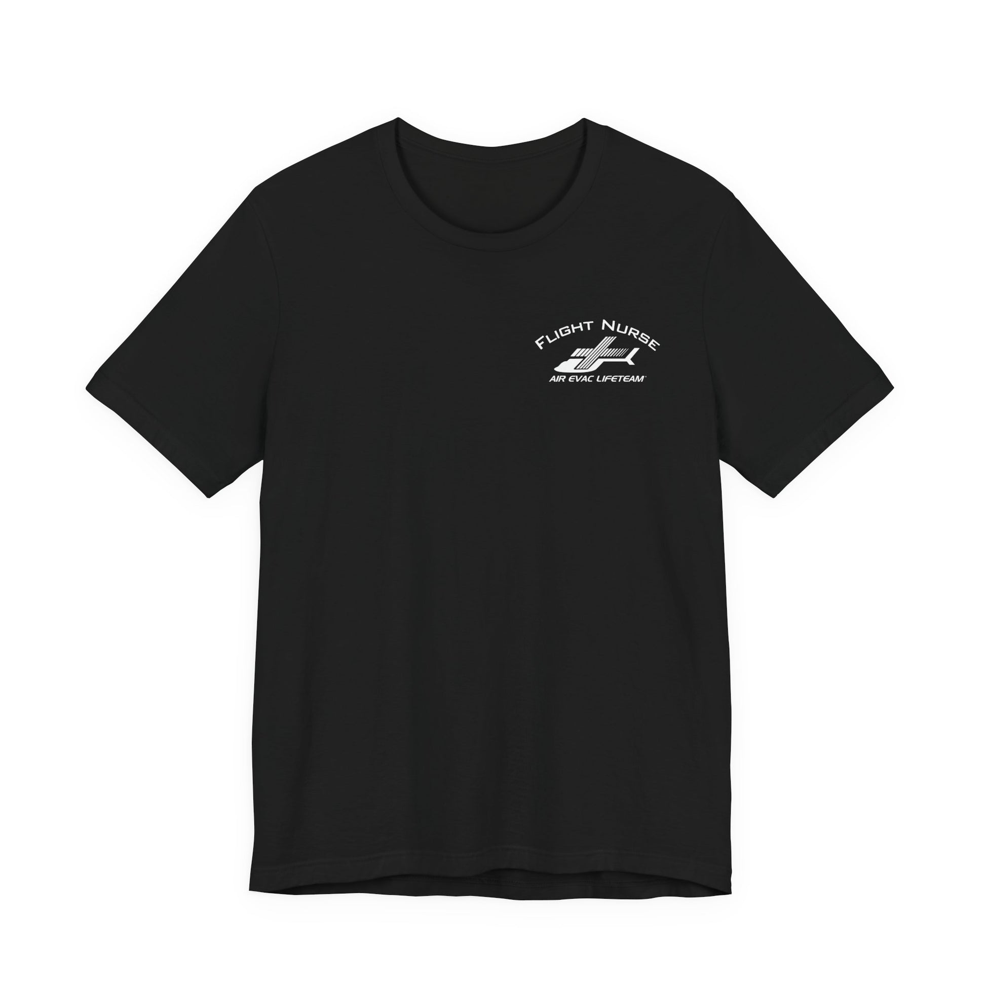 Black t-shirt with small 'Flight Nurse" text and Air Evac Lifeteam' logo on the left chest by Rotor Wash & Wear