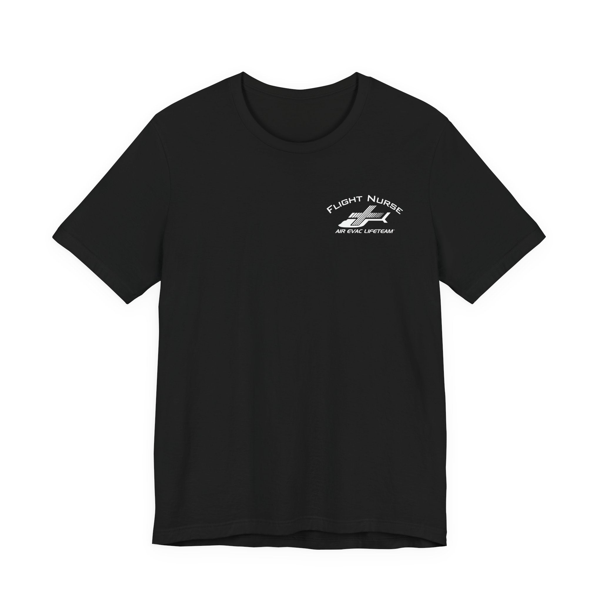 Black t-shirt with small 'Flight Nurse" text and Air Evac Lifeteam' logo on the left chest by Rotor Wash & Wear