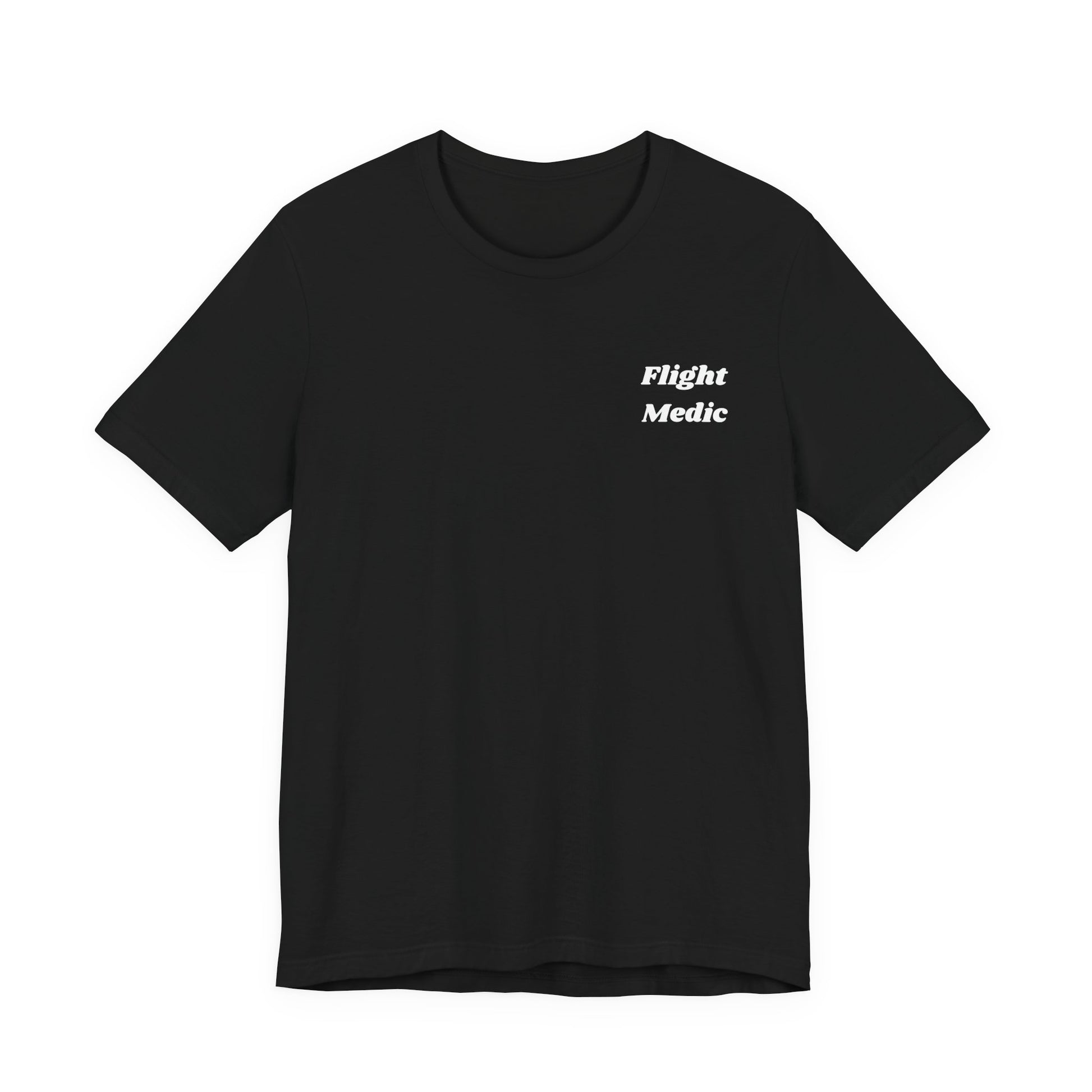 Black t-shirt with 'Flight Medic' text on a white background