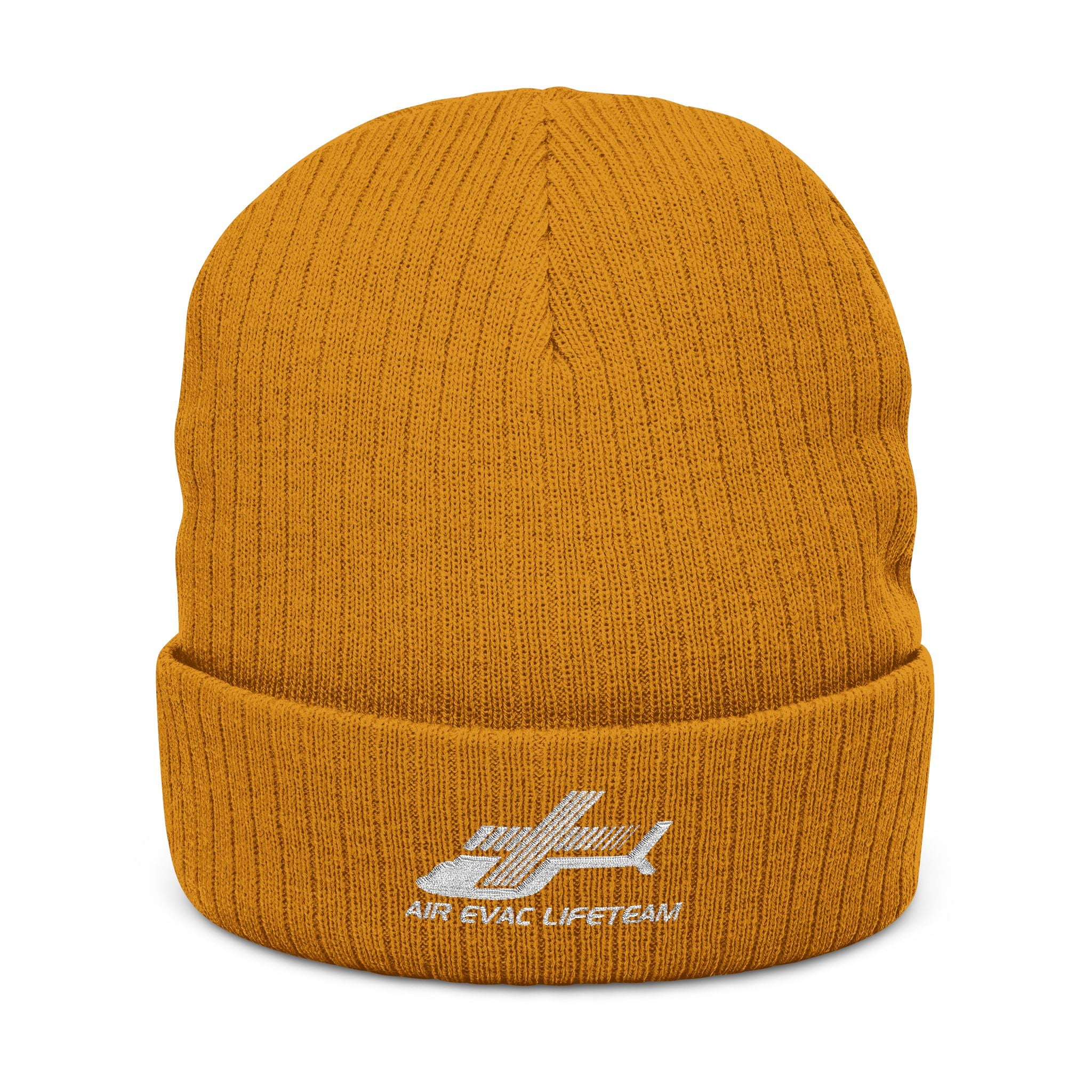 Mustard knit beanie with 'Air Evac Lifeteam' logo embroidery on a white background