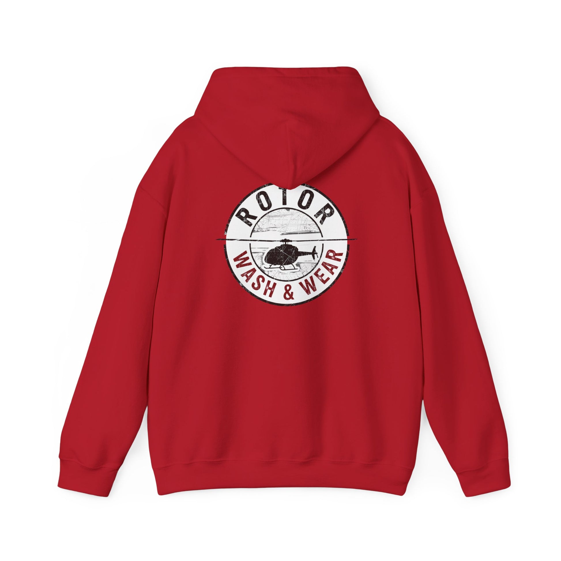 Red hoodie with 'Rotor Wash & Wear' logo on the back against a white background