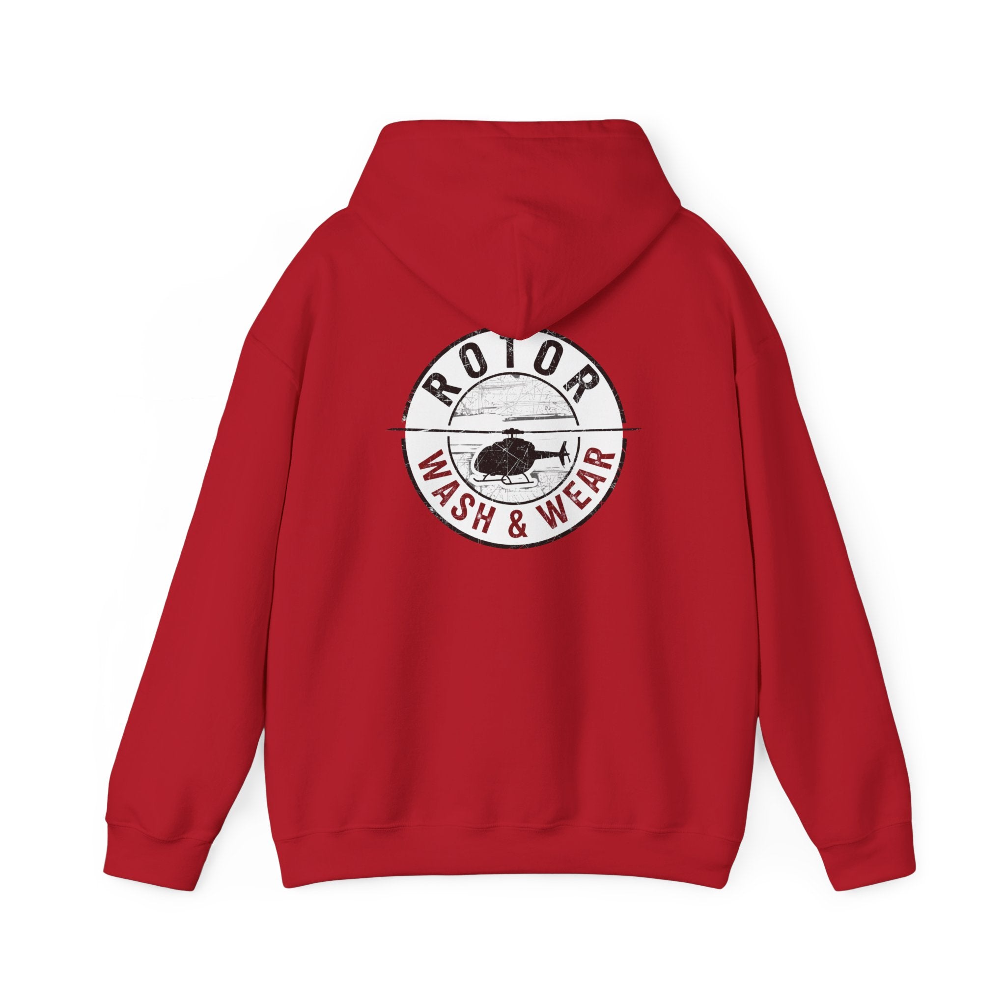 Red hoodie with 'Rotor Wash & Wear' logo on the back against a white background